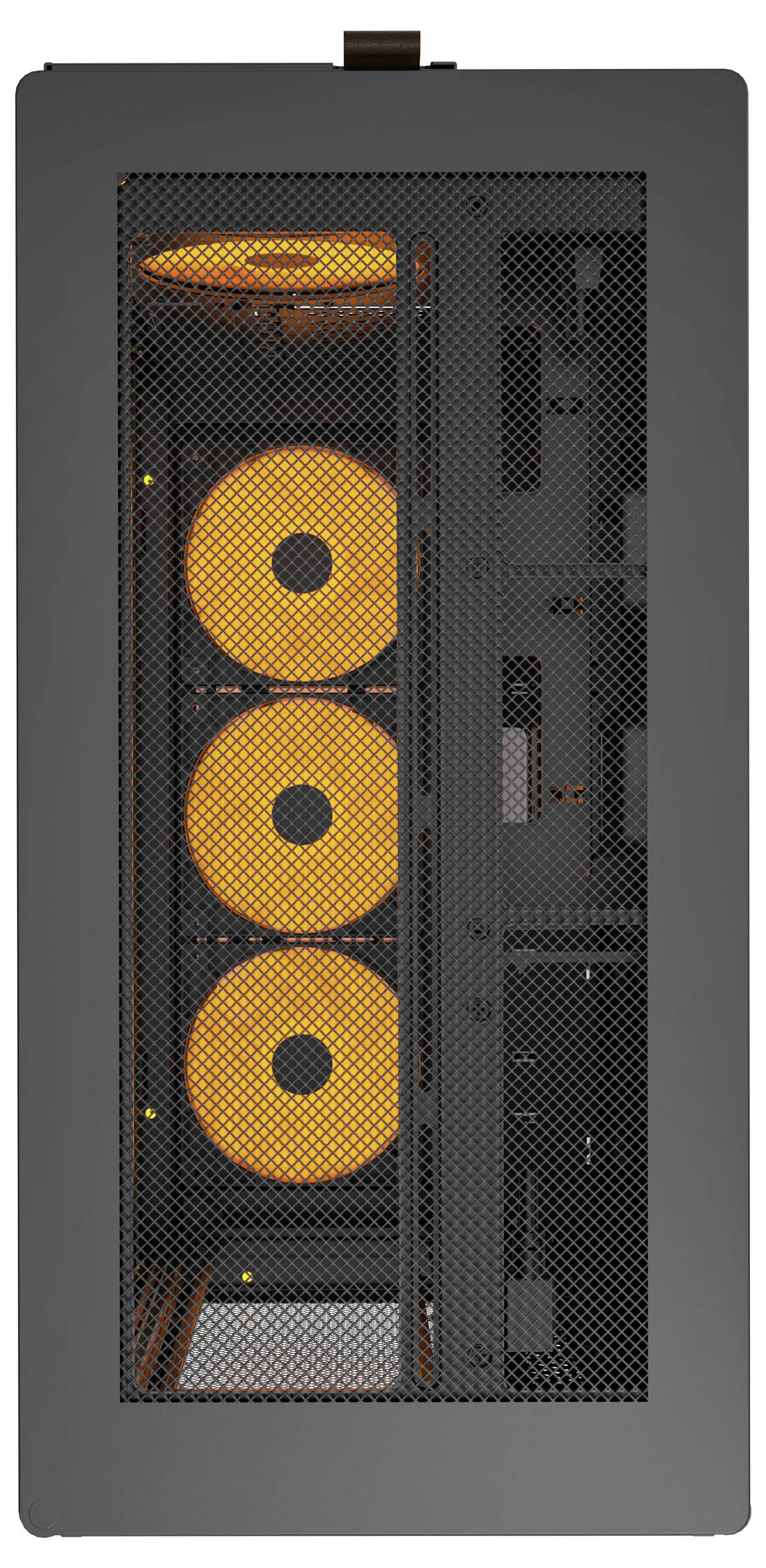 Ein Computergehäuse mit einem Frontpaneel aus Gitter, das drei große, beleuchtete orangefarbene Kühlventilatoren in vertikaler Anordnung zeigt.