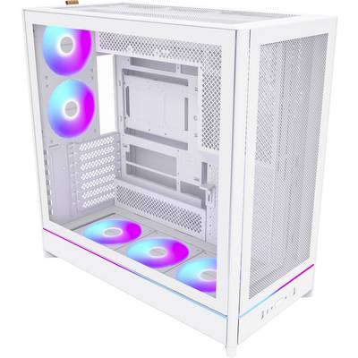 Weißes Computergehäuse mit Meshpaneelen und RGB-Lüftern oben und unten, entwickelt für verbesserte Luftzirkulation und anpassbare Beleuchtung.