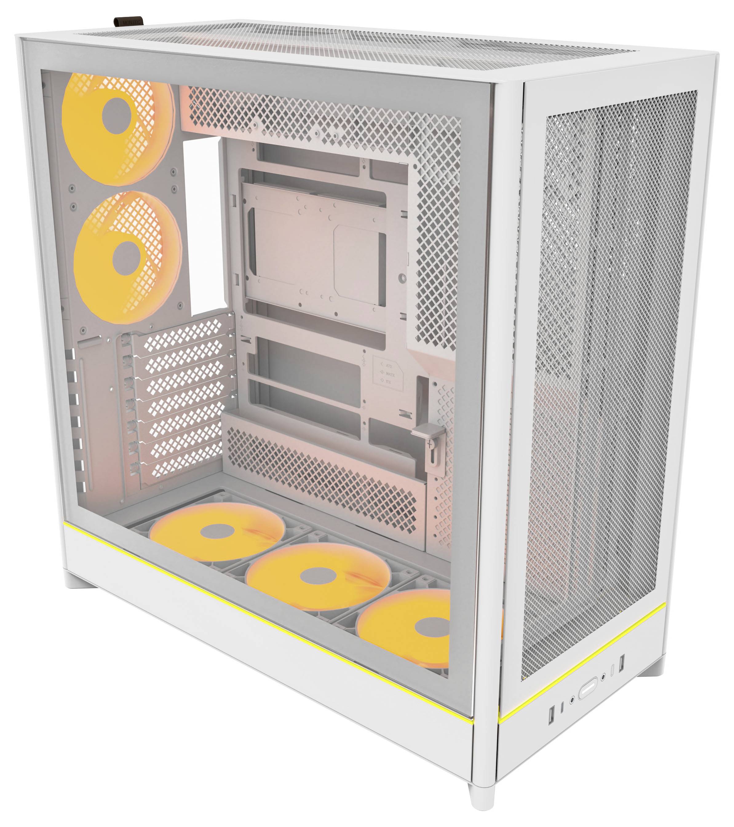 Ein weißes Computergehäuse mit transparenten Seiten, die mehrere gelb beleuchtete Kühlventilatoren und Platz für Komponenten im Inneren sichtbar machen.