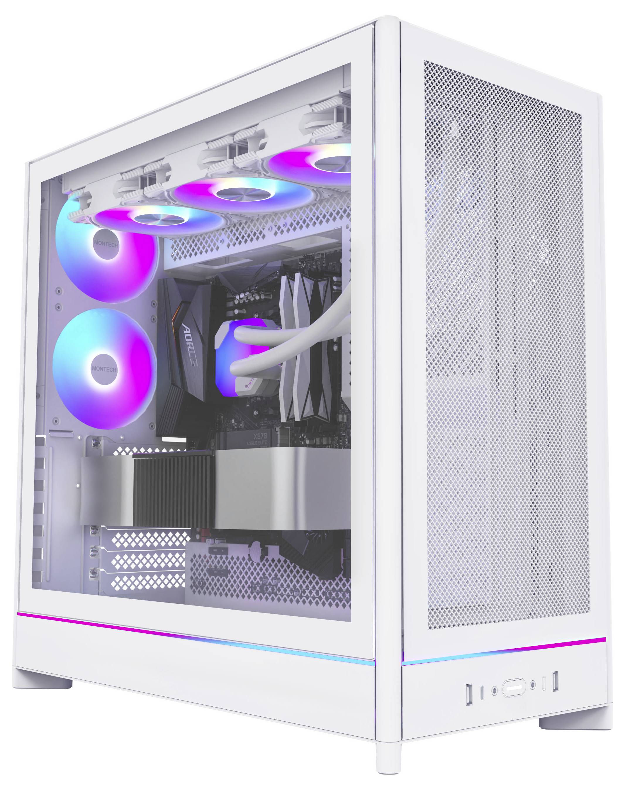 Ein weißes Gaming-Computer-Gehäuse mit sichtbaren Innenkomponenten wie Kühlventilatoren und LED-Beleuchtung, das ein High-Performance-Setup präsentiert.