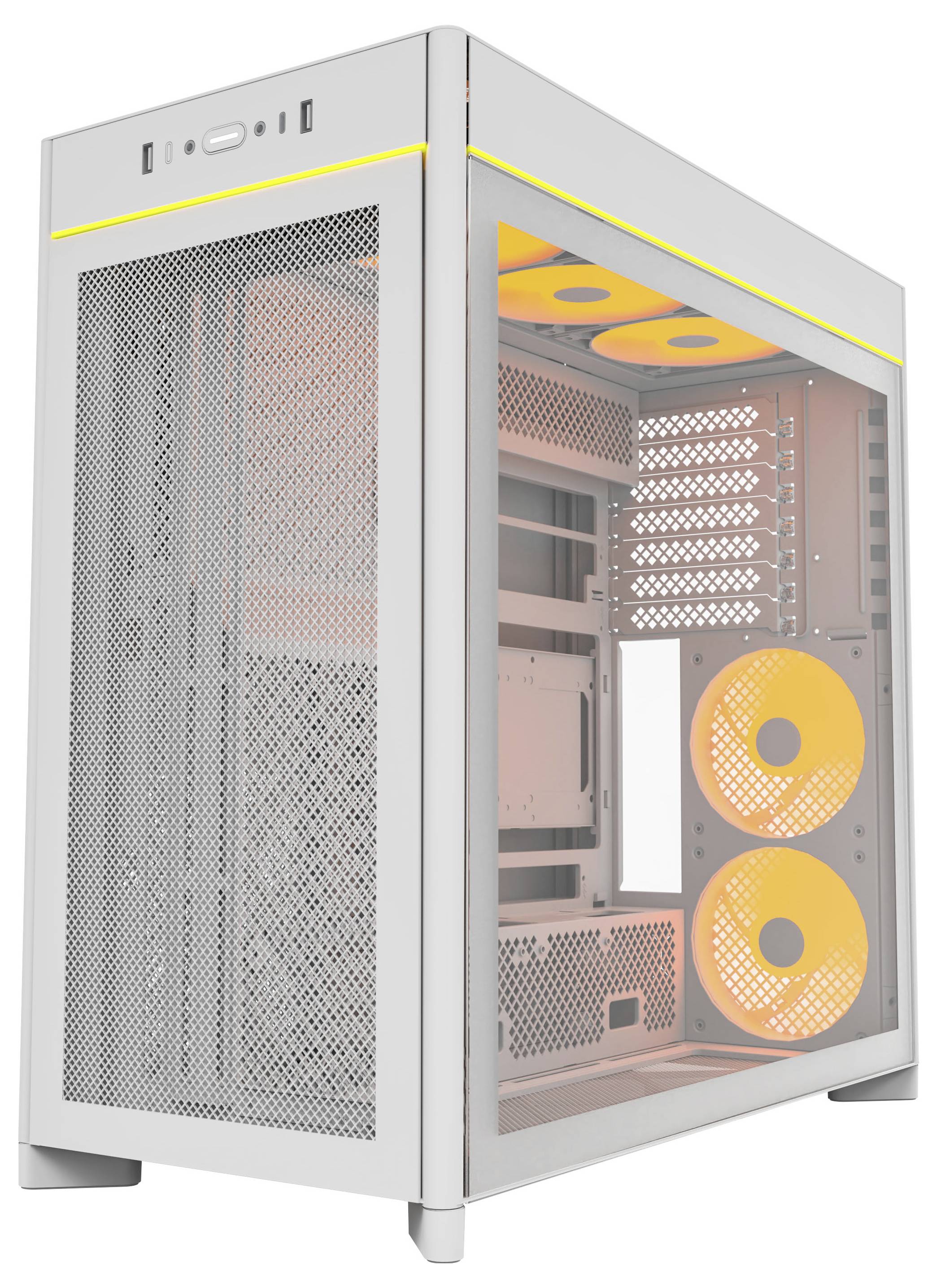 Ein weißes Computer-Tower-Gehäuse mit gelochter Frontblende, ausgestattet mit orangefarbenen LED-Lüftern im Inneren, aus einem niedrigen Blickwinkel aufgenommen.