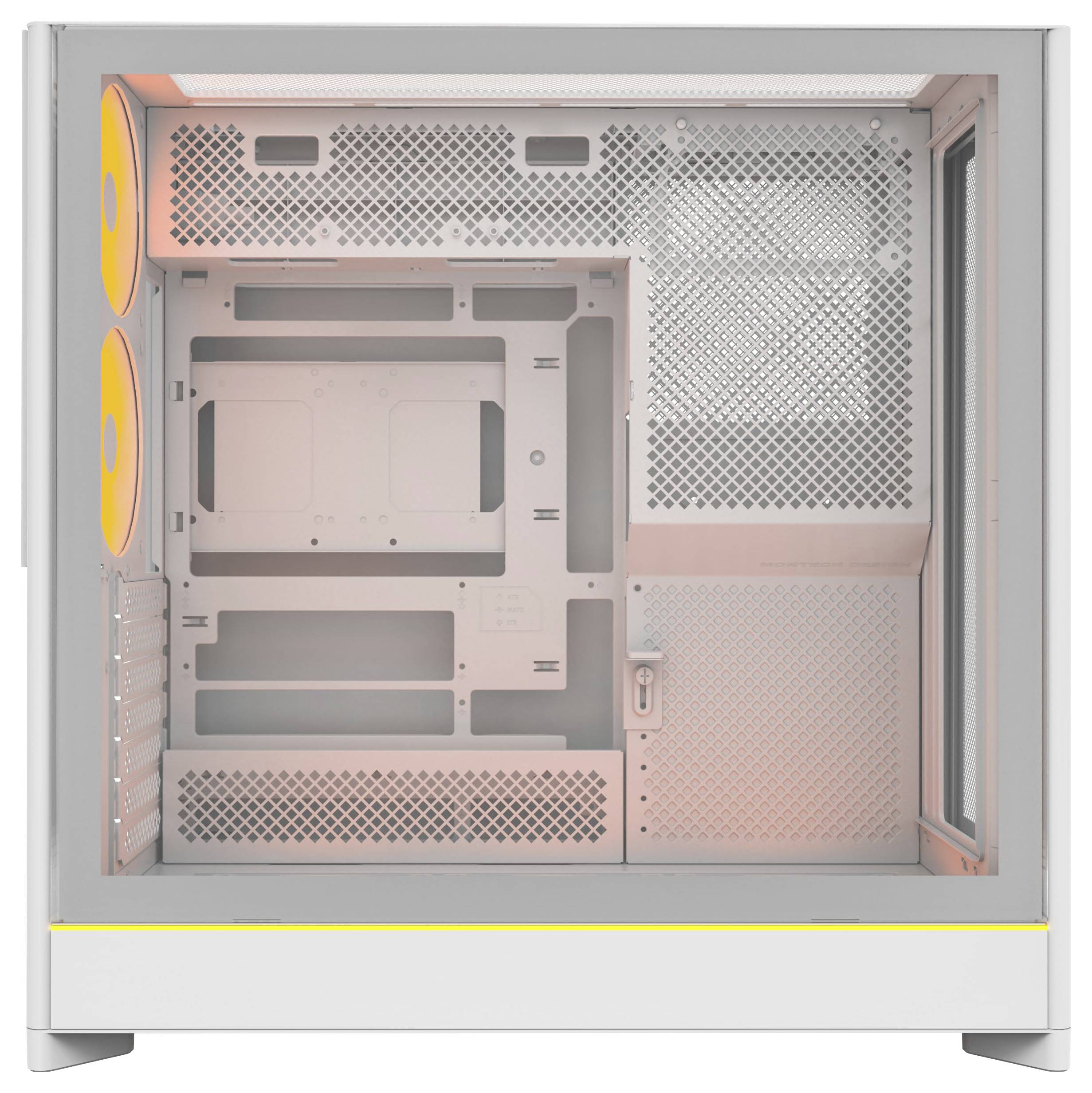 Ein weißes Computergehäuse mit orangefarbenen Akzenten, das zwei vertikale Kühlventilatoren auf der linken Seite und ein transparentes Seitenpanel aufweist.