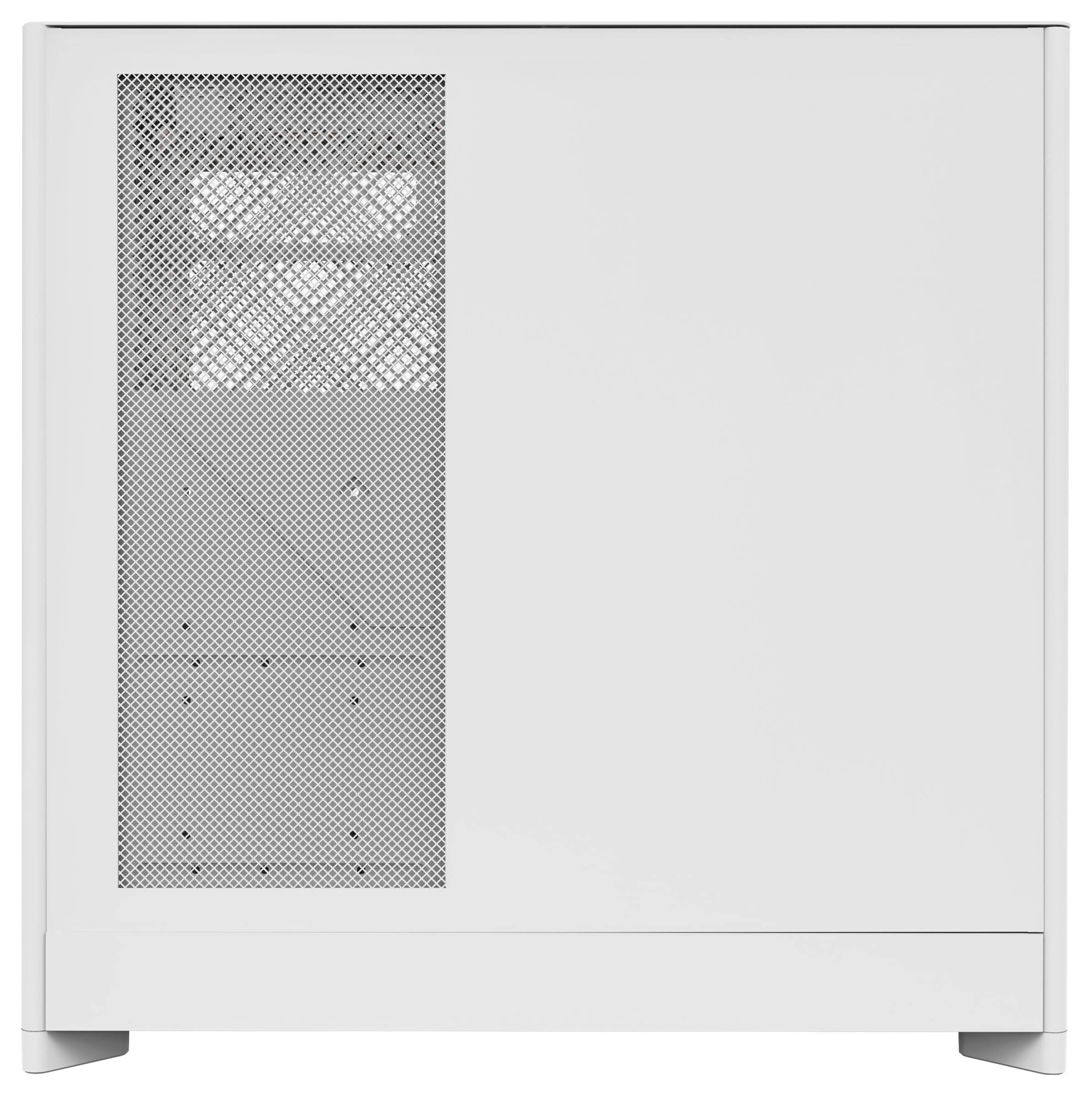 Ein weißes Computergehäuse mit einem Seitenpanel aus Gitter für Luftzirkulation, entwickelt zum Unterbringen von Computerkomponenten und zur Gewährleistung einer optimalen Belüftung.