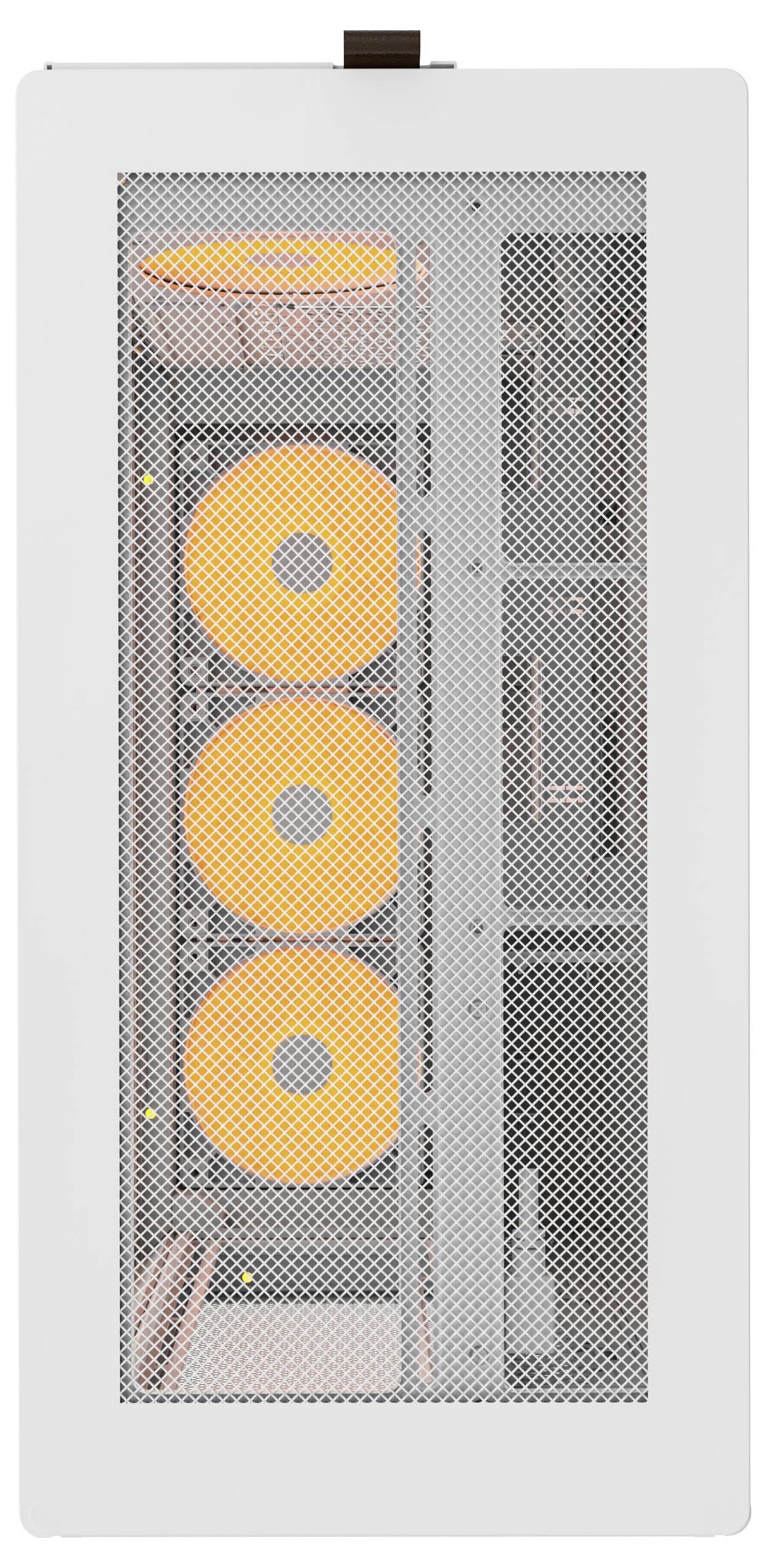 Ein weißes Computergehäuse mit einer Frontblende aus Maschengewebe zeigt drei beleuchtete orangefarbene Lüfter im Inneren, was auf ein Kühlsystem hinweist.