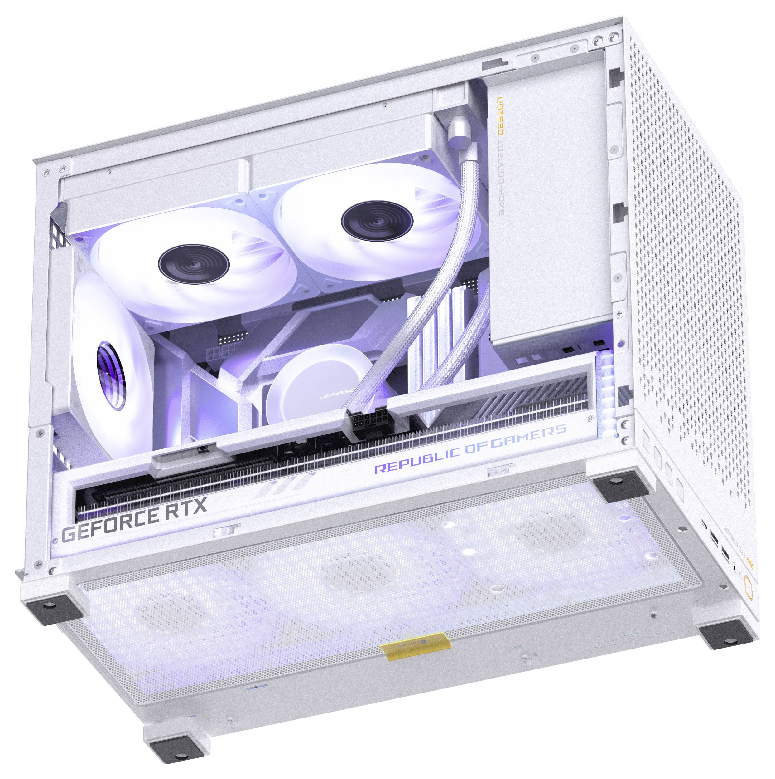 Ein weißes Gaming-PC-Gehäuse mit transparenter Seitenwand, das Innenkomponenten wie die GeForce RTX Grafikkarte und LED-beleuchtete Kühlventilatoren präsentiert.