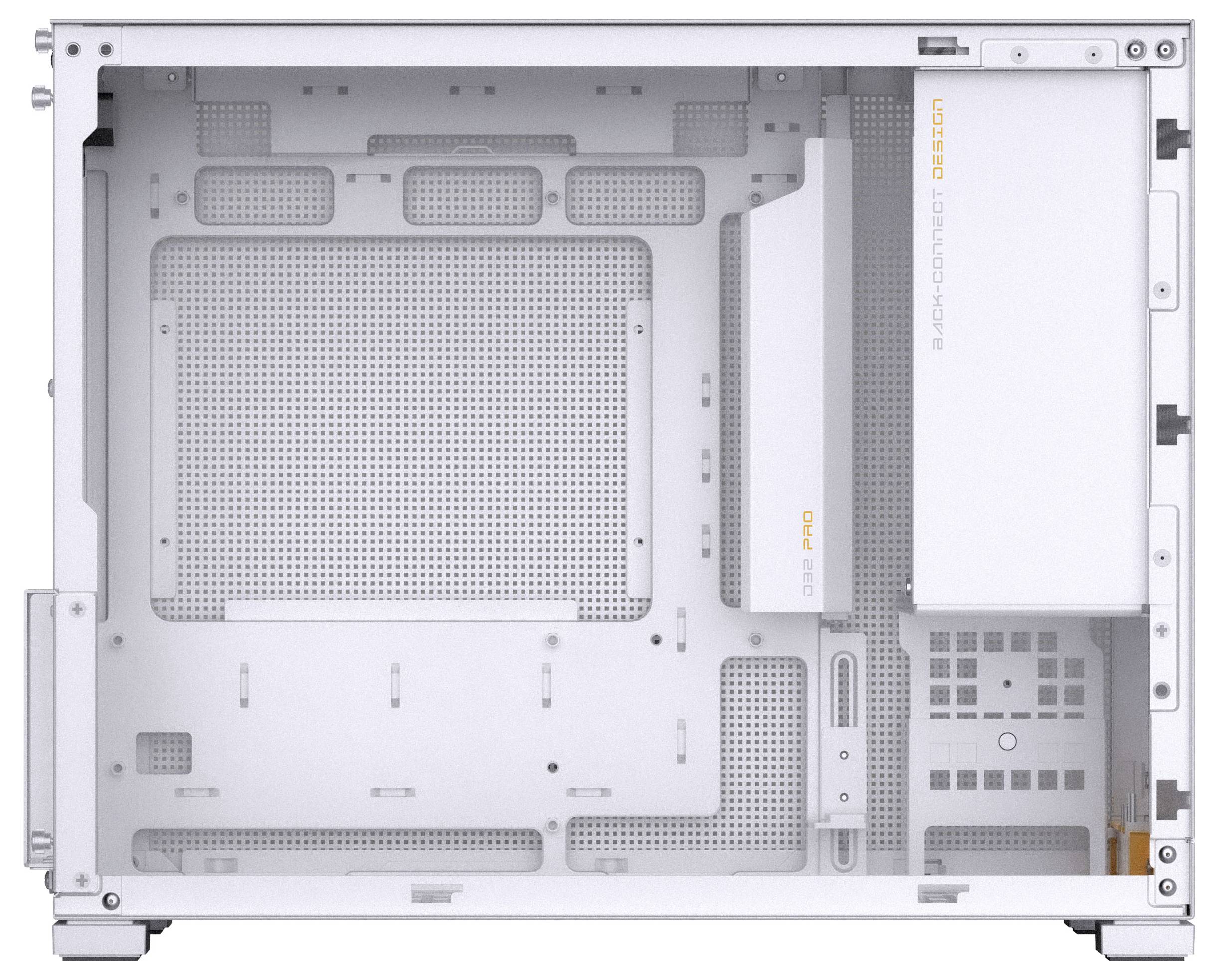 Weißes Computergehäuse mit gelochtem Design, das mehrere Montagepunkte für Hardwarekomponenten zeigt und mit PCI Pro- und DisplayPort-Steckplätzen beschriftet ist.