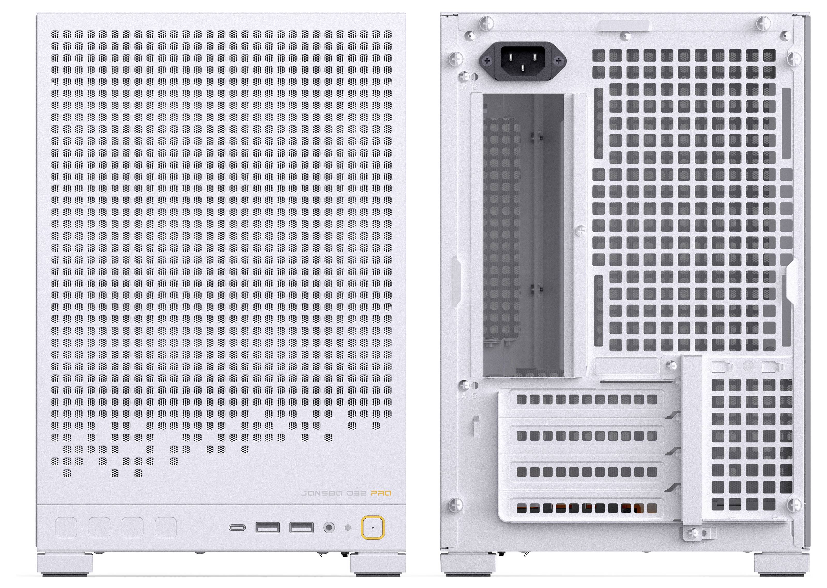 Das Bild zeigt die Vorderseite und Rückseite eines weißen PC-Gehäuses. Die Vorderseite hat ein Gitterdesign, Anschlüsse und Tasten. Die Rückseite zeigt einen offenen PCI-Steckplatzbereich und einen Netzteilsteckplatz.