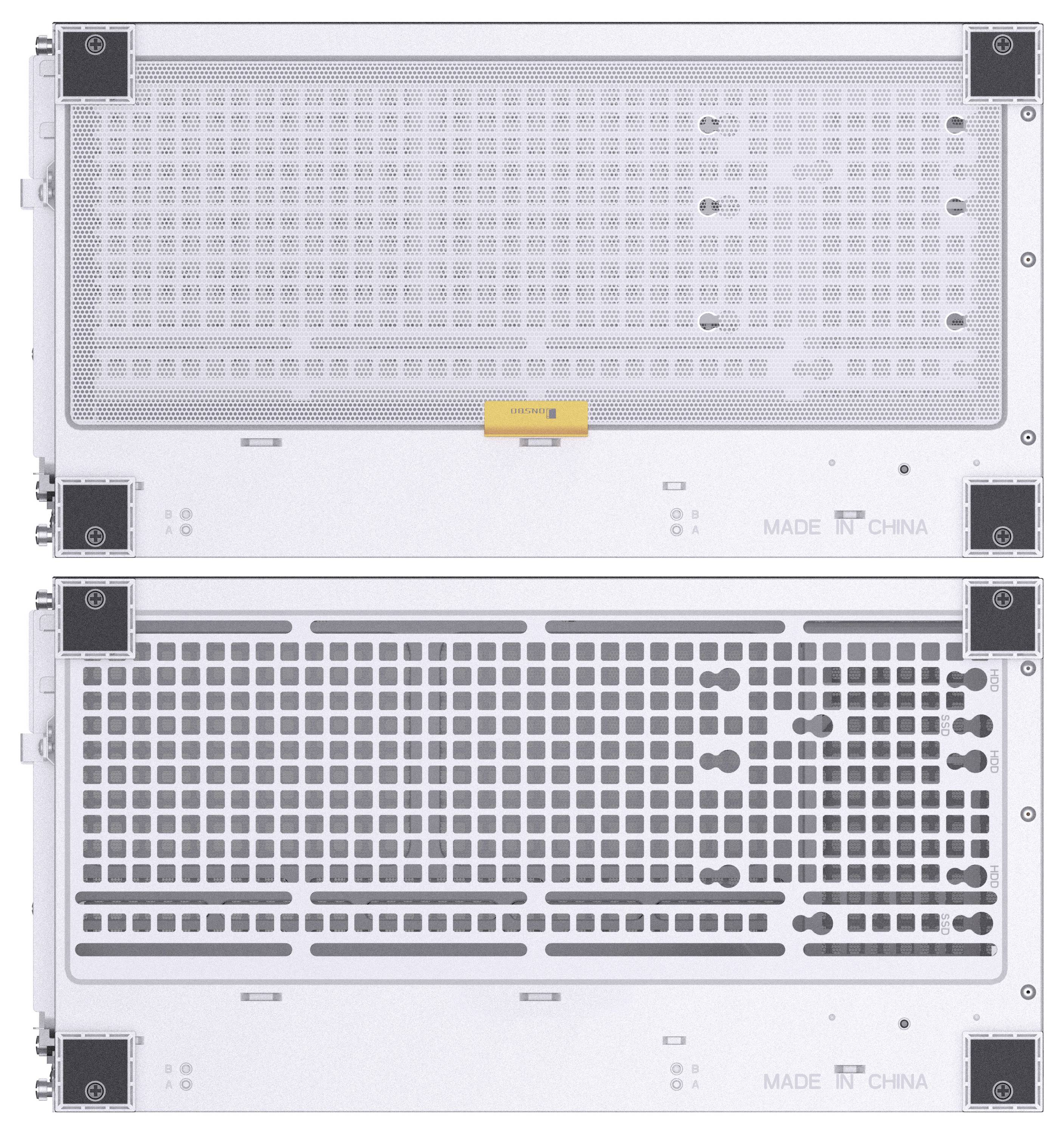 Doppelte horizontale Lüftungsschlitze mit einem "MADE IN CHINA"-Etikett auf beiden, die die Luftstromgestaltung zur Kühlung elektronischer Geräte zeigen.