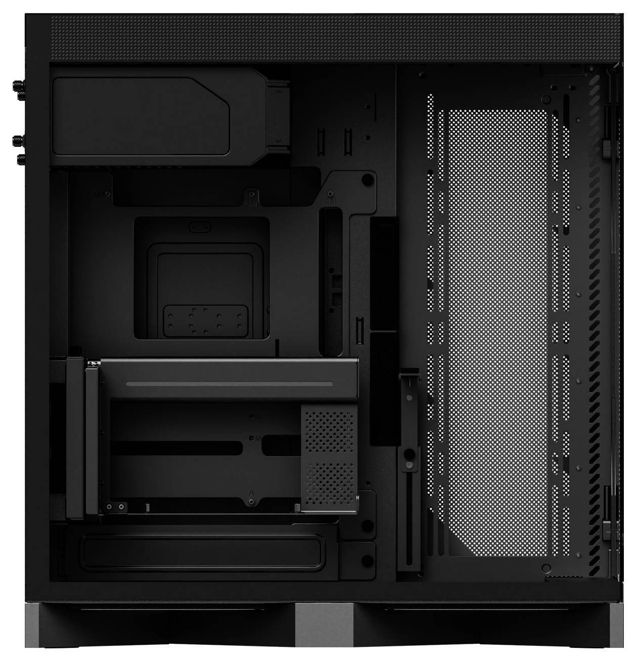 Ein schwarzes Computer-Gehäuseinnenleben mit Abschnitten für Komponenten, das Festplattenschächte, Lüftermontagehalterungen und Kabelmanagement-Funktionen präsentiert.
