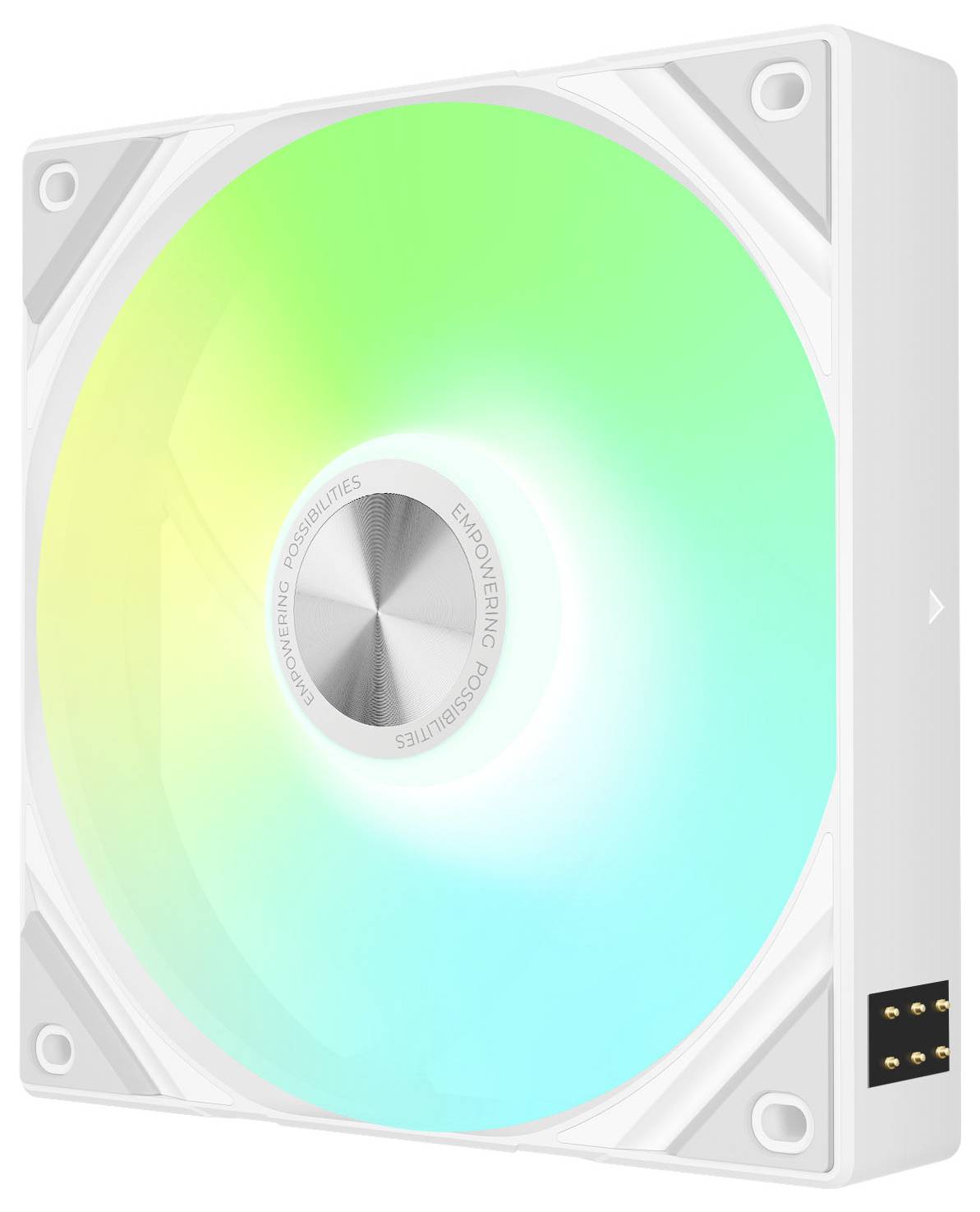 Ein weißer Computerlüfter mit leuchtenden blauen, grünen und gelben LED-Lichtern, der zum Kühlen und für ästhetische Zwecke in Technik-Setups entwickelt wurde.