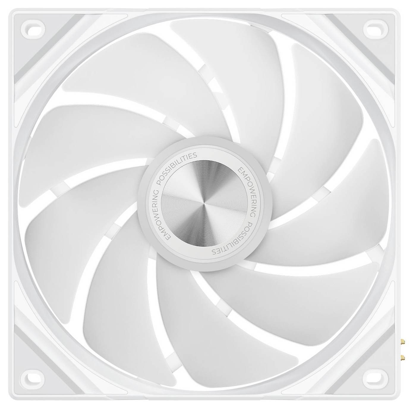 Ein weißer Computerlüfter mit kreisförmigem Design wird von vorne gezeigt. Die Lüfterblätter bilden ein Spiralmuster mit dem Text ‚Möglichkeiten entfesseln' um das Zentrum herum.