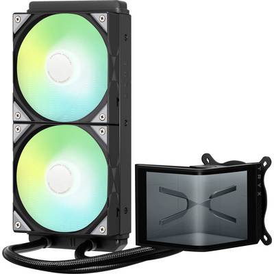 Ein Flüssigkühlsystem für Computer mit zwei RGB-Lüftern und einem Pumpensockel, entwickelt für effizientes Wärmemanagement in PCs.