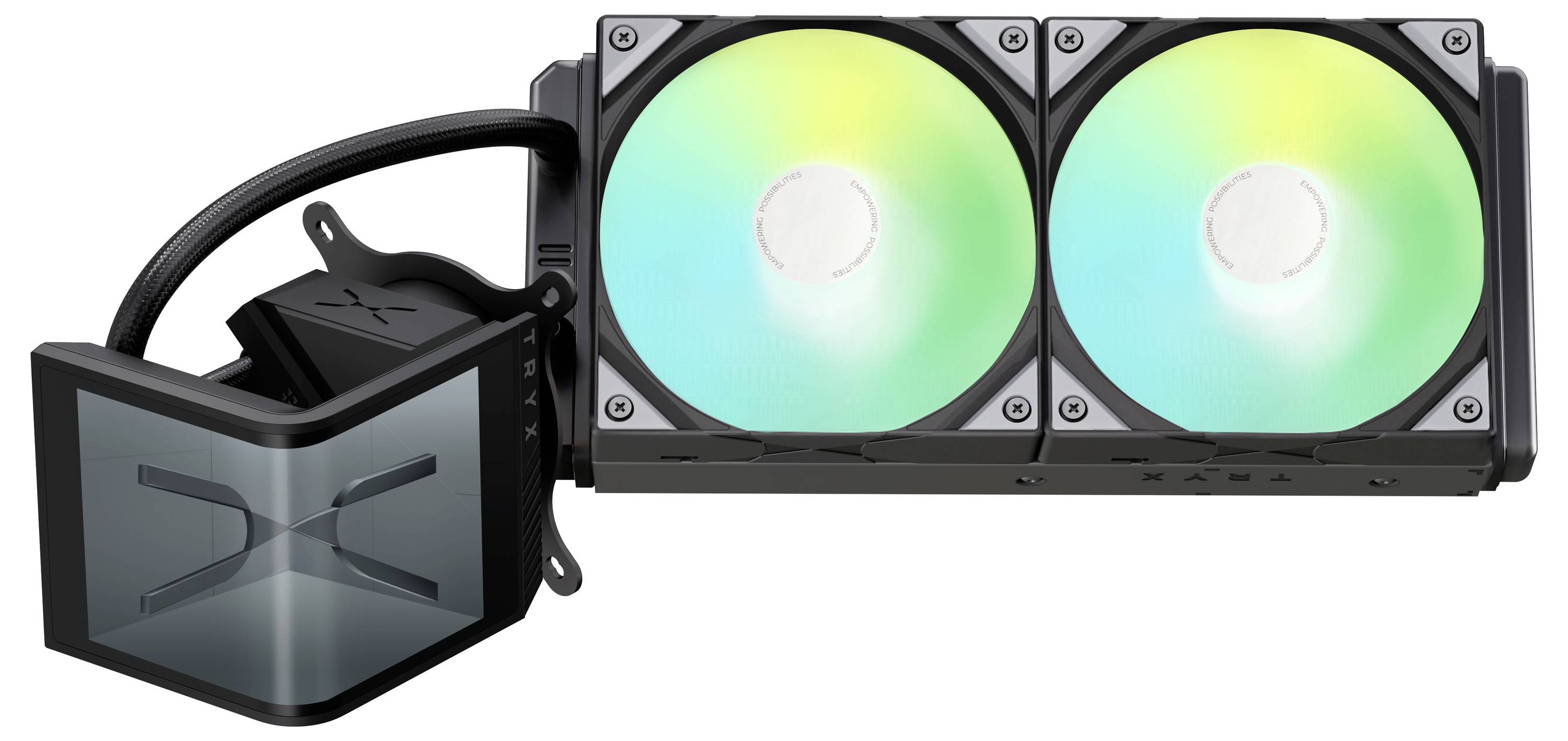 Ein Flüssigkeits-CPU-Kühler mit zwei Lüftern, beleuchtetem Lüftern und einem angeschlossenen Kühler.