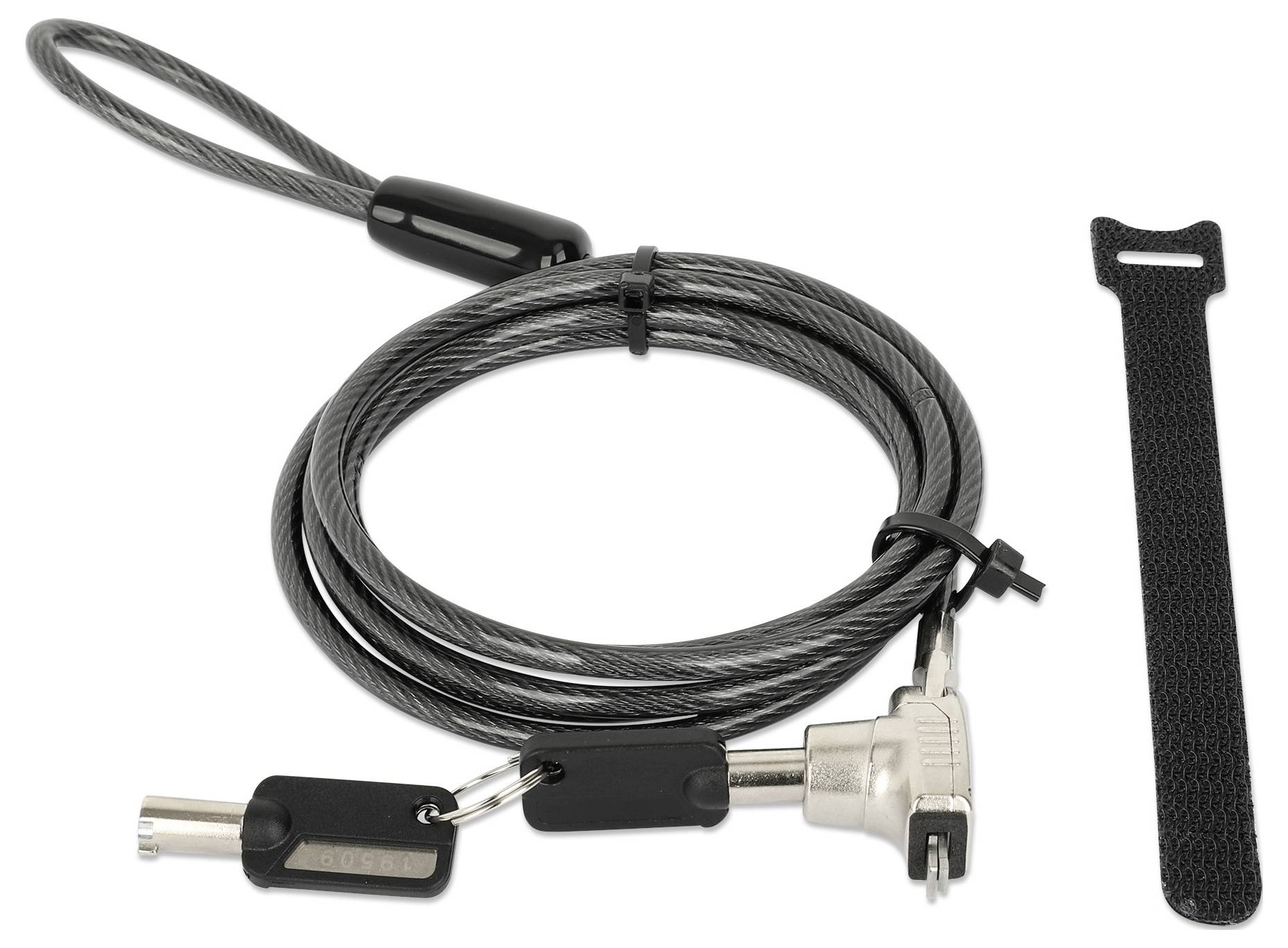 Ein gewundenes Sicherheitskabel-Schloss mit Schlüssel, das zum Sichern von elektronischen Geräten gedacht ist, und ein schwarzer Klettverschluss zur Organisation.