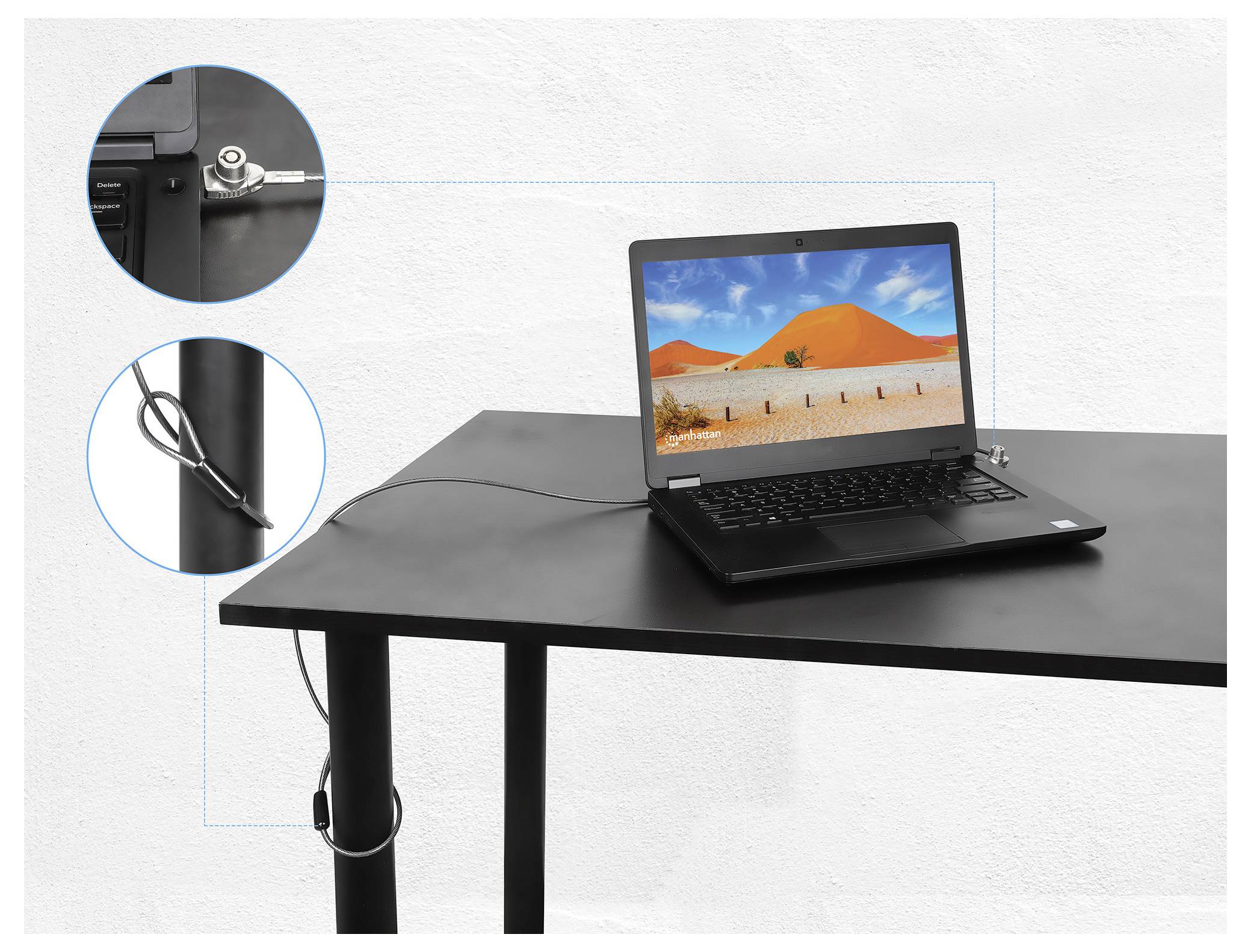 Ein Laptop, der eine Wüstenlandschaft zeigt, ist auf einem schwarzen Tisch mit einem Kabelschloss gesichert. Nahaufnahmen zeigen den Verschlussmechanismus und die Platzierung des Kabels.