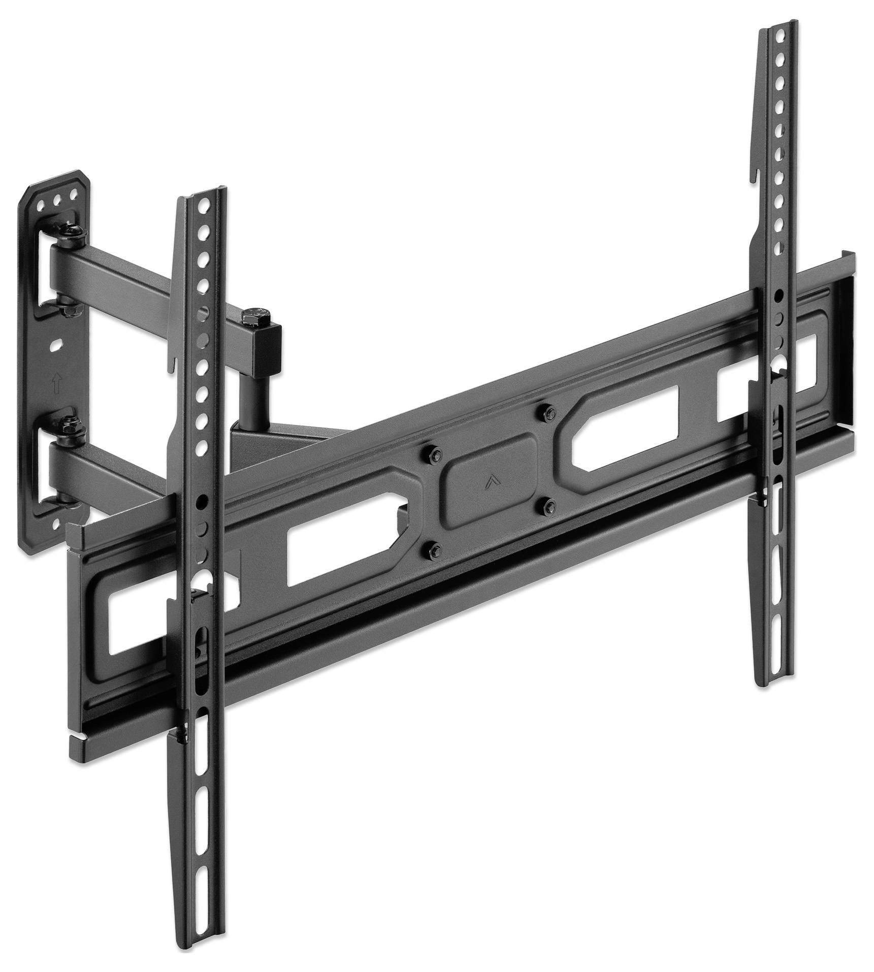 Eine schwarze Metallwandhalterung für Fernseher mit verstellbaren Funktionen, die entwickelt wurde, um Flachbildschirm-TVs sicher an einer Wand zu befestigen.