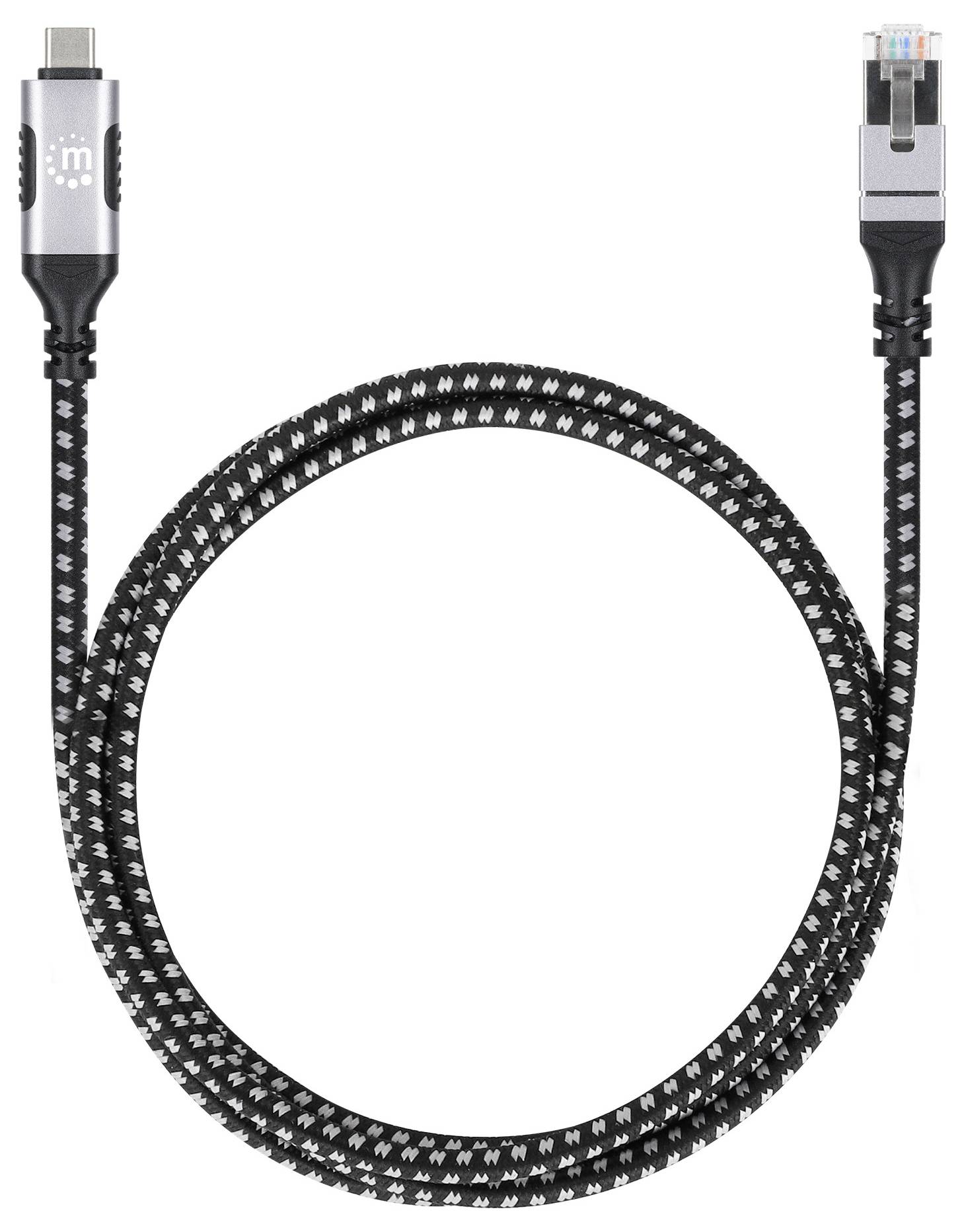 Ein geflochtenes Ethernet-Kabel mit metallischen Steckverbindern an beiden Enden.