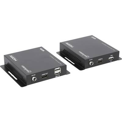 Zwei schwarze Videoschnittstellen-Geräte mit HDMI-Anschlüssen, die mit "HDMI OUT" und "HDMI IN" beschriftet sind. Jedes Gerät verfügt über USB- und DC-Stromeingangsanschlüsse.