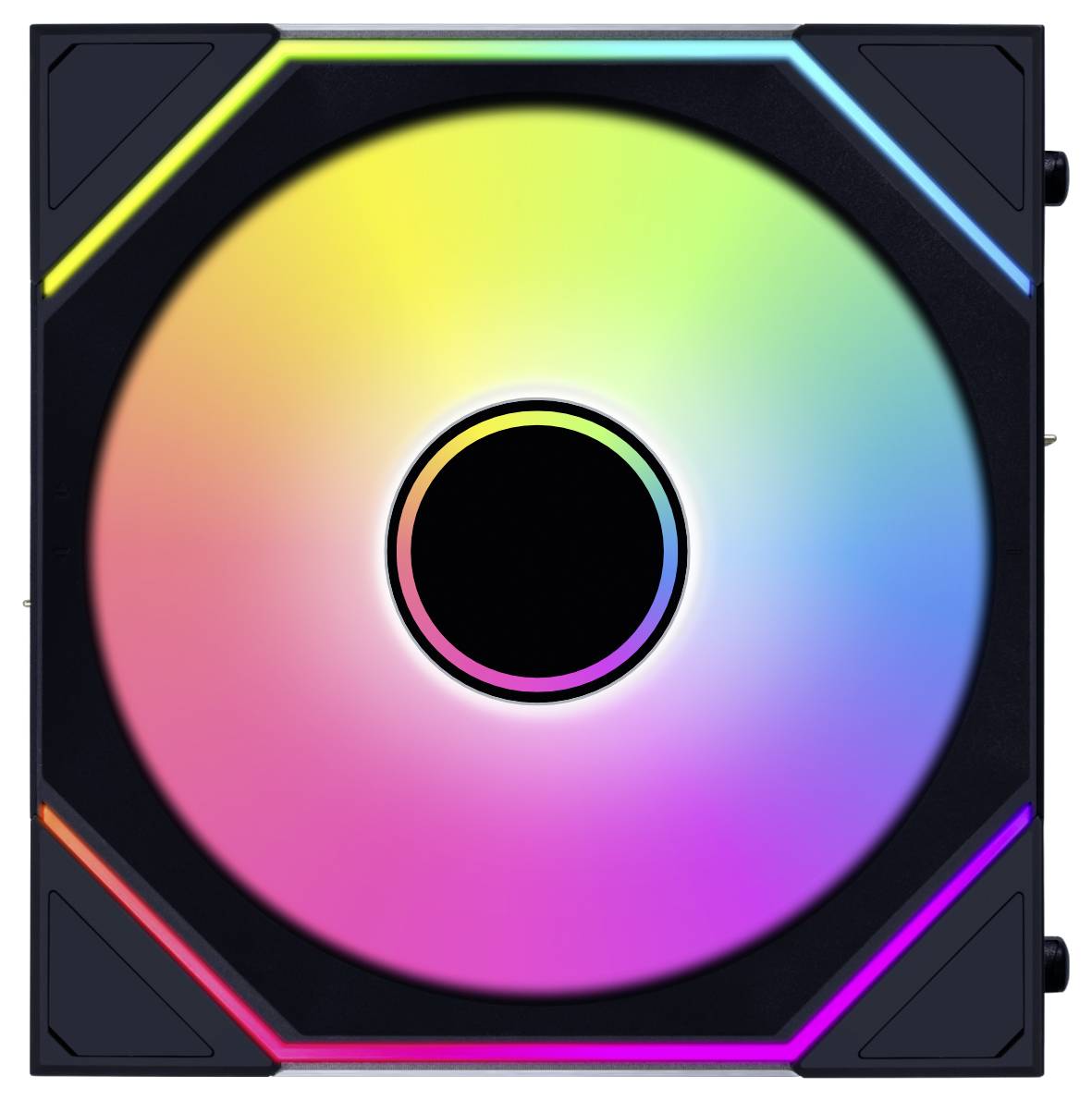 Ein Computerlüfter mit einer leuchtenden, mehrfarbigen LED-Lichtanzeige, die einen Regenbogeneffekt in einem achteckigen Rahmen erzeugt.