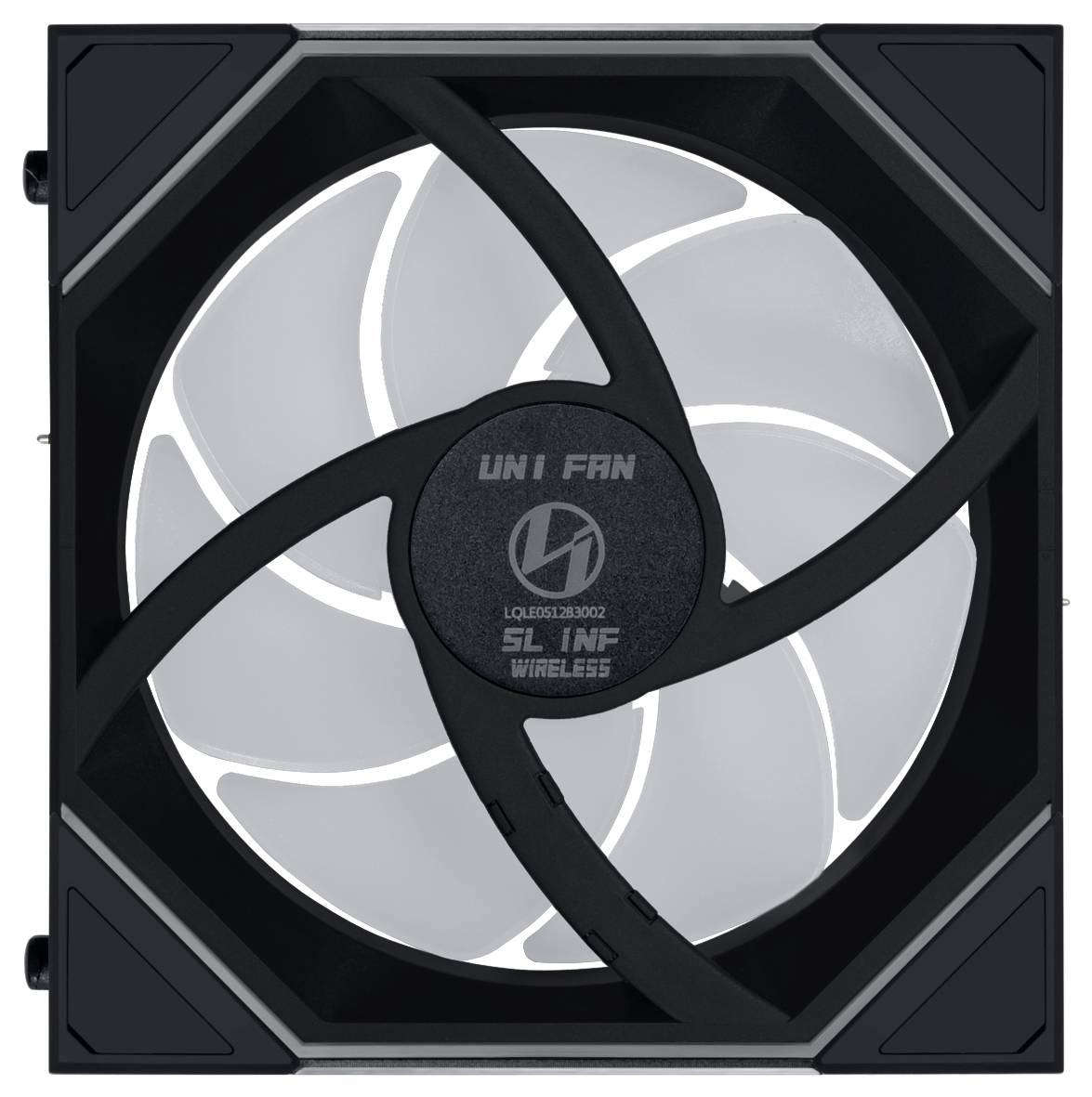 Ein schwarzer Computer-Kühlventilator mit weißen Lüfterblättern und der Aufschrift 'Uni Fan SL Inf Wireless' in der Mitte.