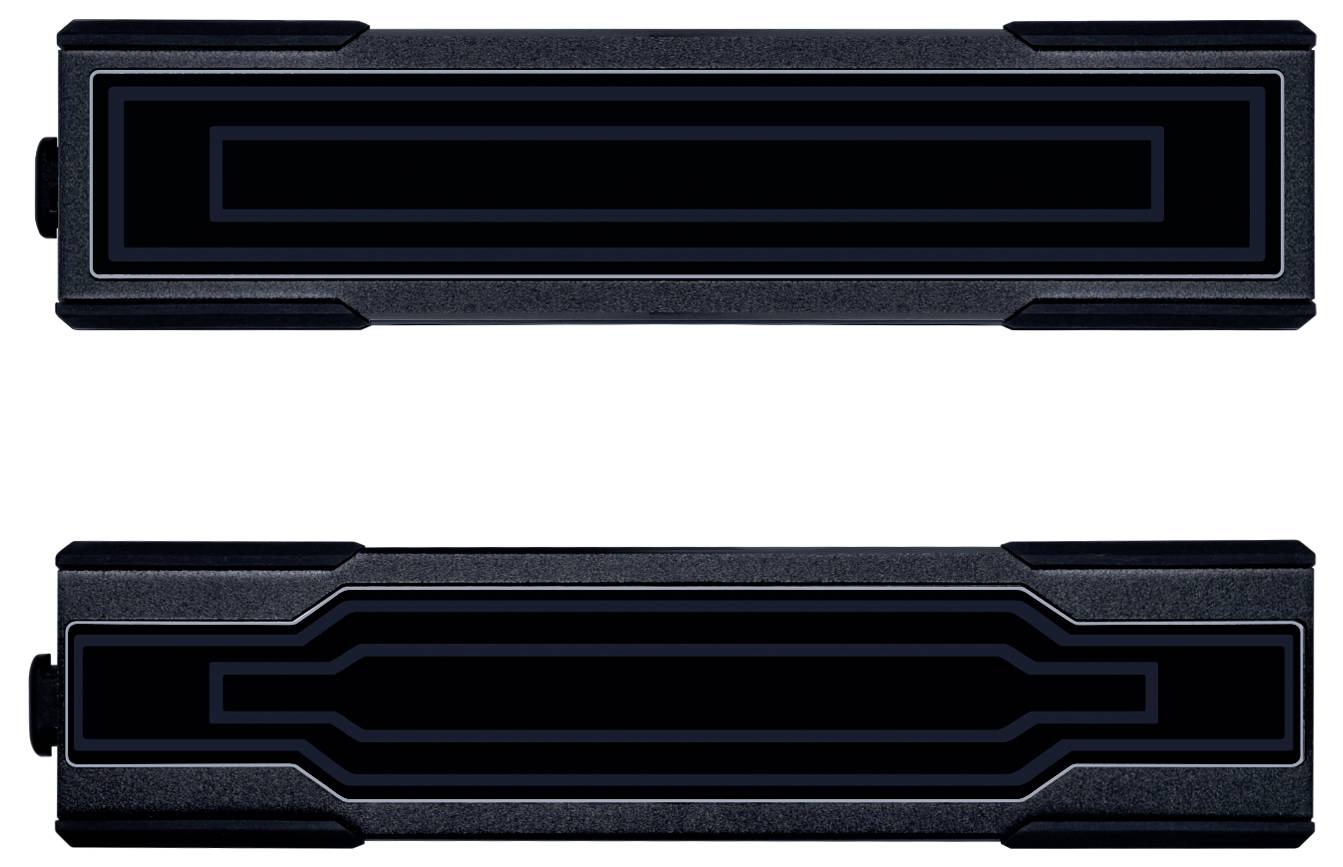 Zwei schwarze und graue rechteckige Balken mit symmetrischen geometrischen Mustern oben. Jeder Balken hat ein umrandetes Design mit parallelen Linien.