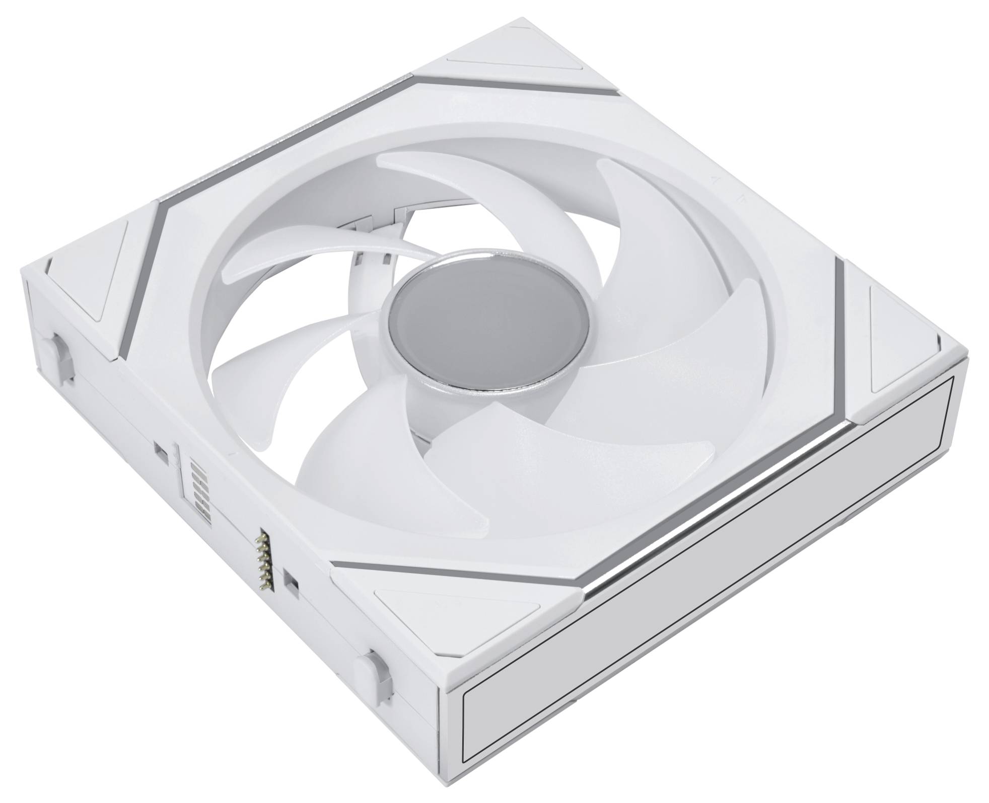 Ein weißer Computer-Kühlventilator mit elegantem, modernem Design, ausgestattet mit einem zentralen Rotor und mehreren geschwungenen Klingen für effiziente Luftzirkulation.