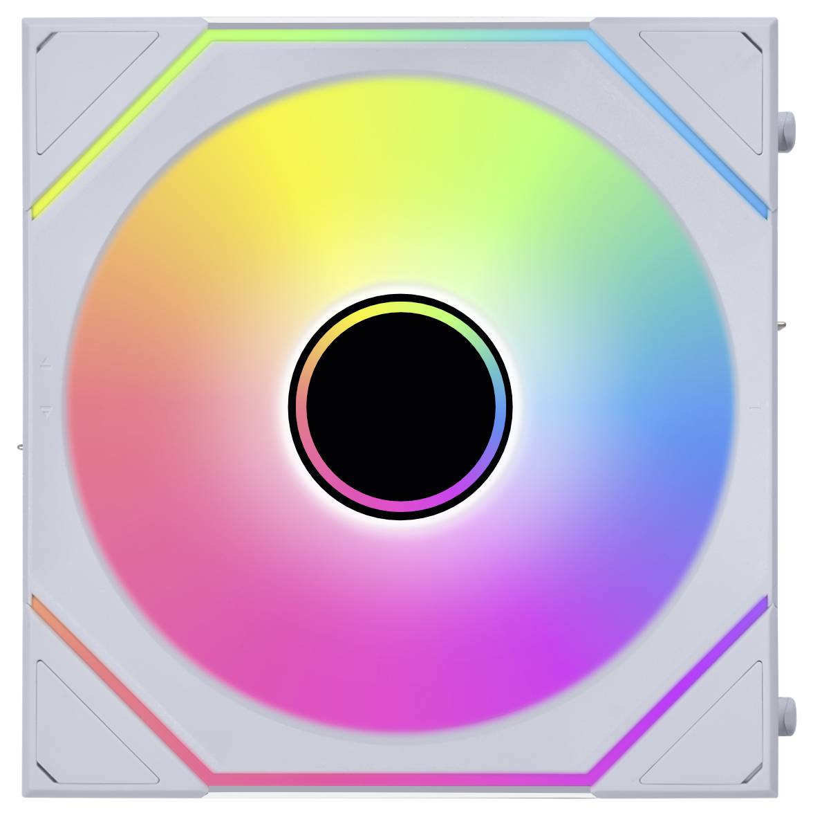 Ein Computerlüfter mit quadratischem Rahmen, der ein lebendiges Farbverlaufsspektrum in Regenbogenfarben aufweist, das von der Mitte aus über die Lüfterblätter ausstrahlt.