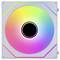 Ein Computerlüfter mit quadratischem Rahmen, der ein lebendiges Farbverlaufsspektrum in Regenbogenfarben aufweist, das von der Mitte aus über die Lüfterblätter ausstrahlt.