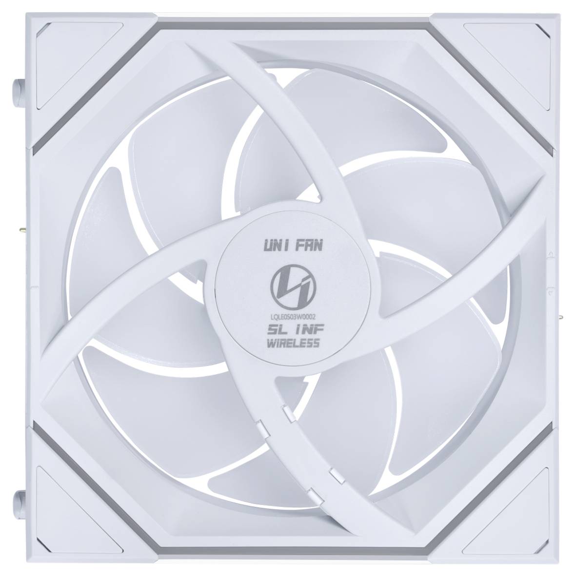 Ein quadratischer weißer Computerlüfter, beschriftet mit 'UNI FAN SL INFINITY WIRELESS', mit geschwungenen Lüfterblättern in einem geometrischen Rahmendesign.