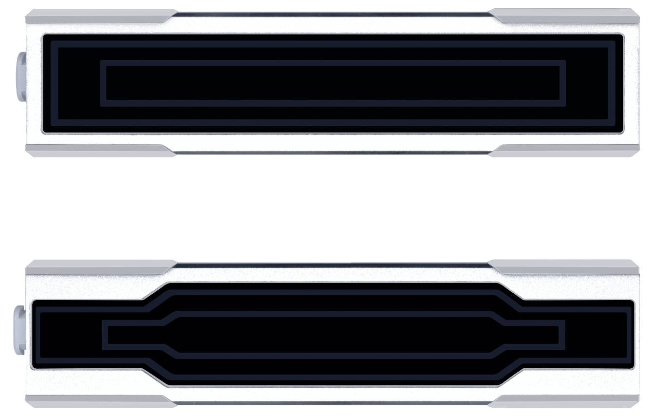 Ein Nahaufnahmebild von zwei vertikal übereinander angeordneten silbernen und schwarzen Kartenschlitzen, die interne elektronische Anschlusspunkte zeigen.