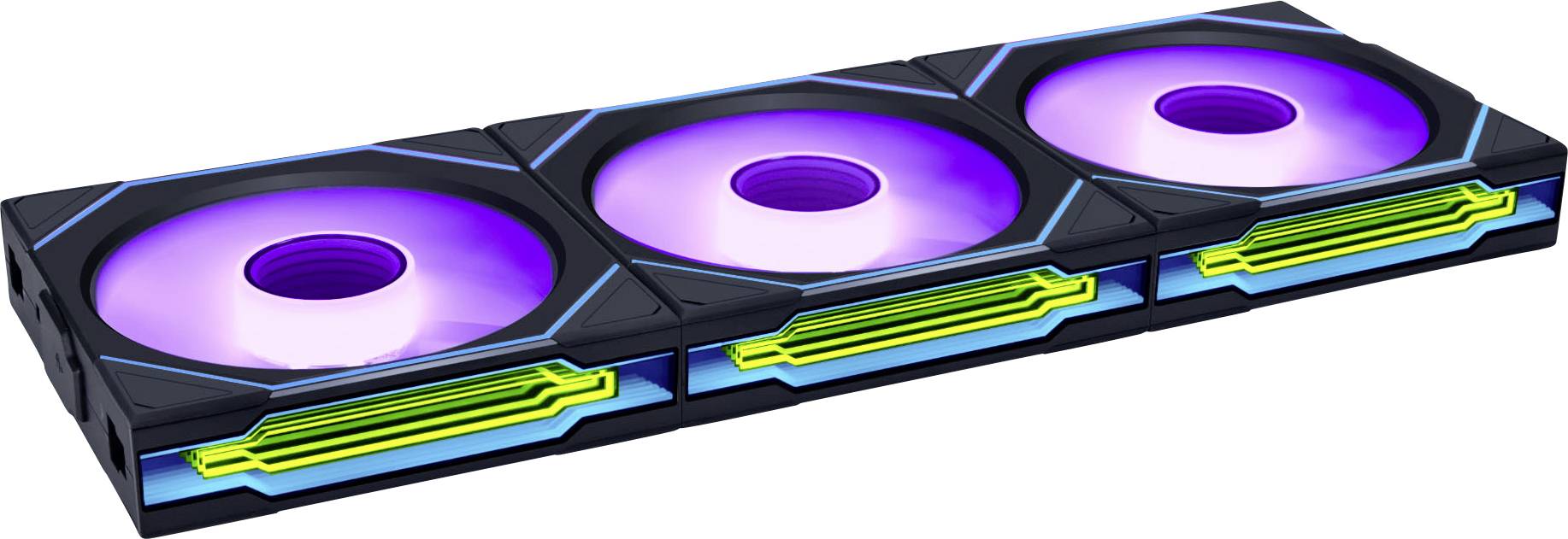 Ein Trio von farbenfrohen Computerlüftern mit leuchtend violetter Beleuchtung, montiert in einem eleganten schwarzen Rahmen; ideal für Gaming-PCs.