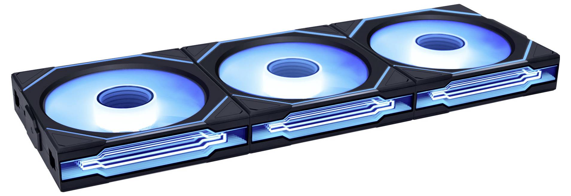 Ein Hochleistungs-PC-Kühlventilator mit drei blauen kreisförmigen Ventilatoren in einer Reihe, entwickelt für verbesserte Kühlung und ästhetische Attraktivität in Computern.