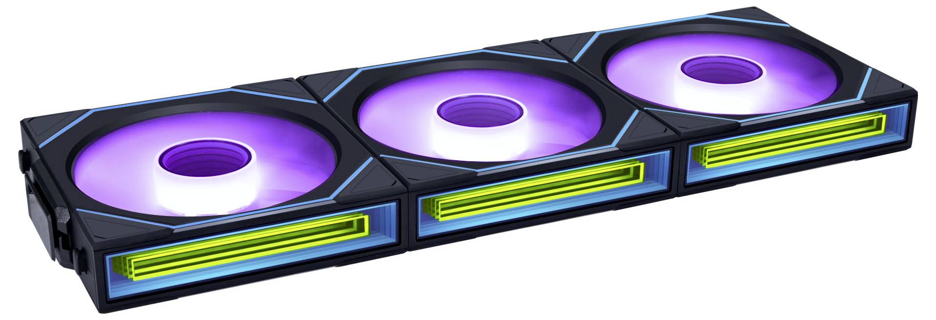 Eine Computerkühlung mit drei Lüftern und leuchtenden lila und gelben Lichtern.