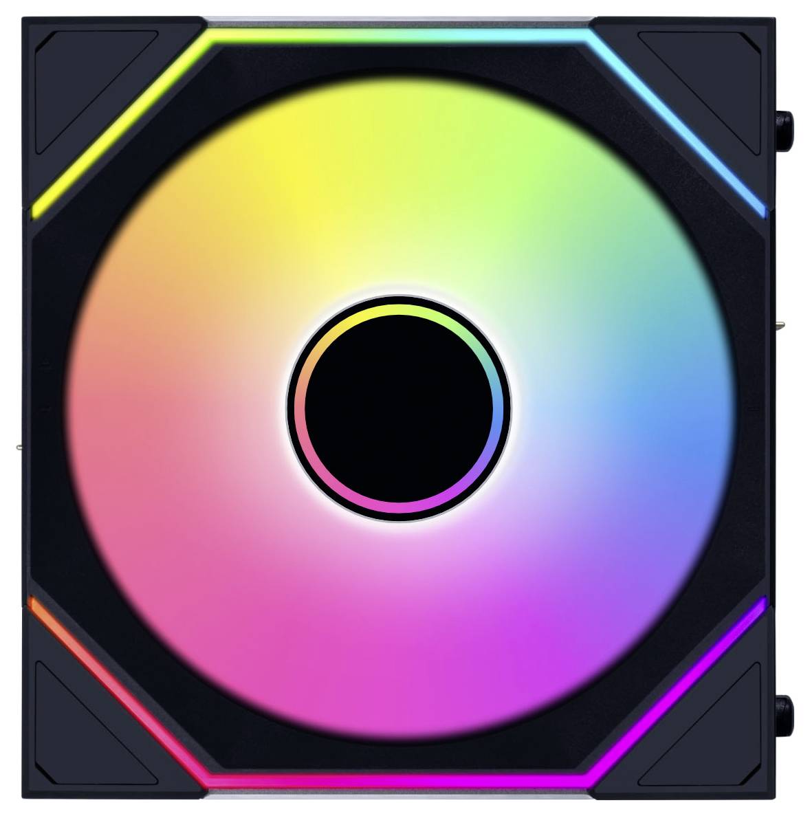 Ein Computerlüfter mit LED-Beleuchtung, der einen Farbverlauf in einem Kreismuster zeigt, der Pink, Gelb, Grün und Blau umfasst.