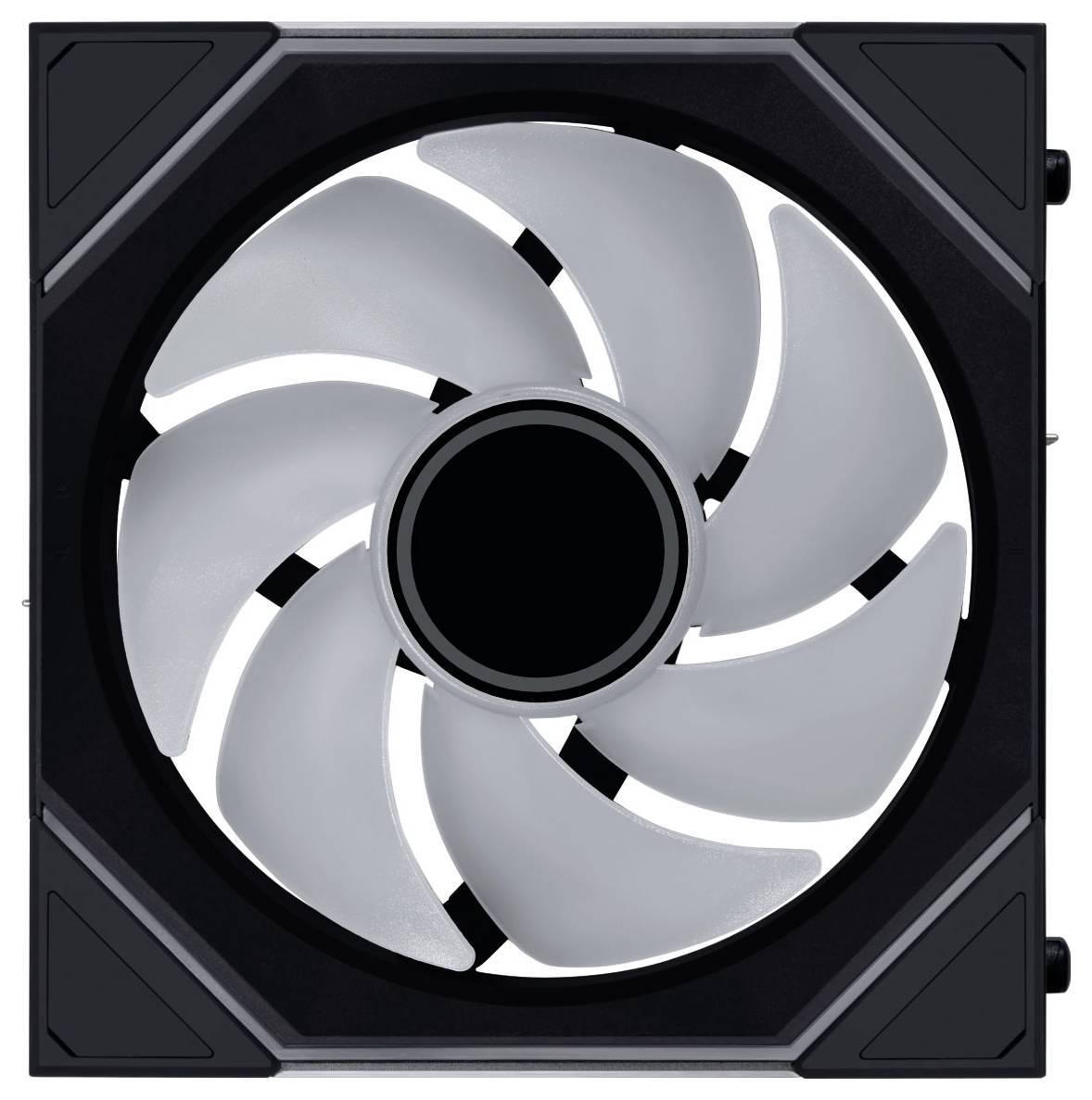 Ein Computerlüfter mit schwarzem Rahmen und geschwungenen weißen Schaufeln, entwickelt zur Optimierung des Luftstroms.