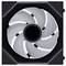 Ein Computerlüfter mit schwarzem Rahmen und geschwungenen weißen Schaufeln, entwickelt zur Optimierung des Luftstroms.