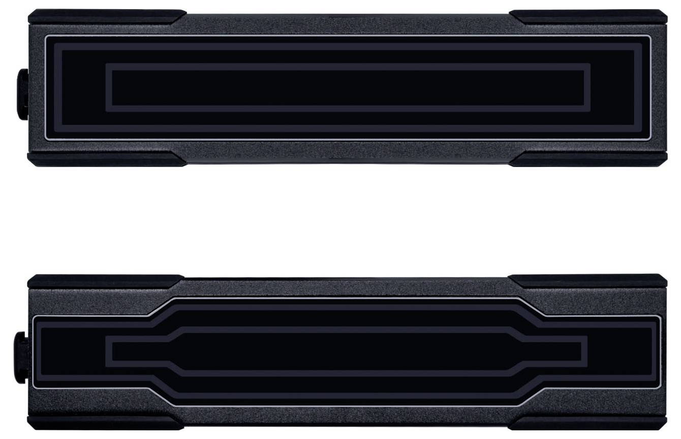 Zwei schwarze rechteckige Balken mit geschichteten Randdesigns auf weißem Hintergrund.