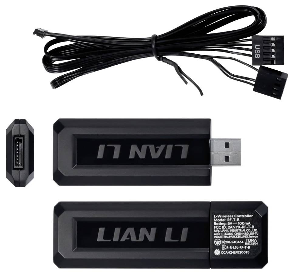 USB-Wireless-Controller mit Markennamen 'Lian Li' auf dem Gehäuse, dargestellt mit Verbindungskabeln und Anschlüssen. Entwickelt für die PC-Konnektivität.