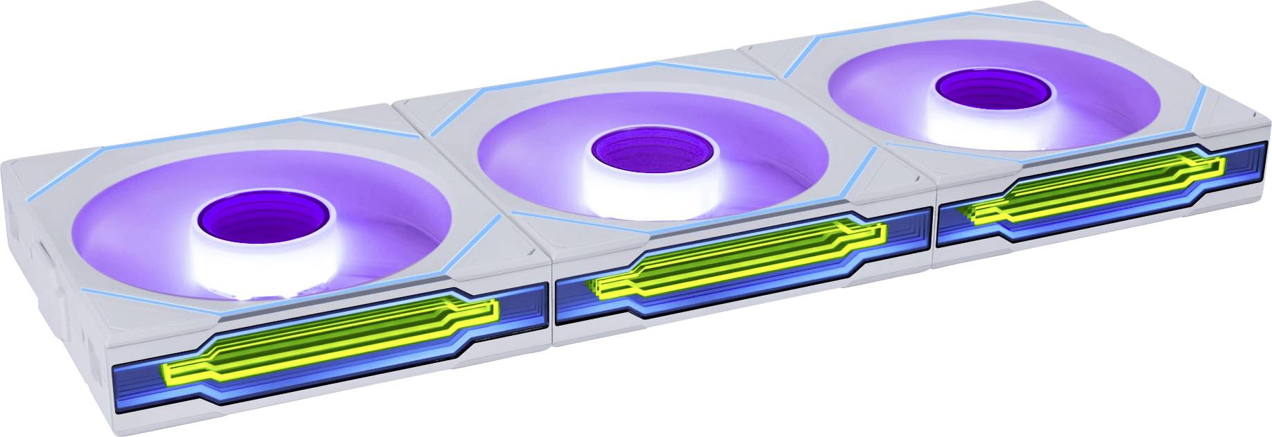 Drei futuristische, kantige Ventilatoren mit leuchtend violetten Zentren und neongrünen Akzenten auf einer metallischen Basis, die fortschrittliche Kühlungstechnologie andeuten.
