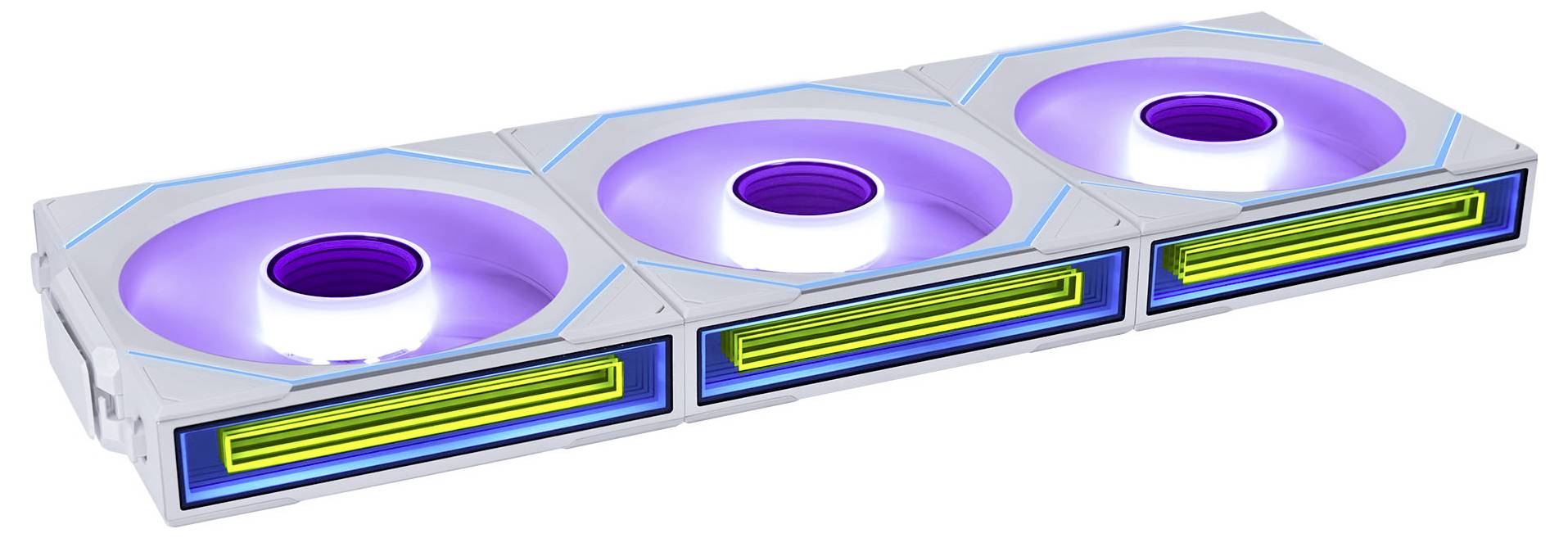 Ein Computer-Kühlventilator-Gehäuse mit drei RGB-beleuchteten kreisförmigen Ventilatoren und rechteckigen Elementen, das ein futuristisches Design in Weiß mit Neonblau und Neonyellow aufweist.
