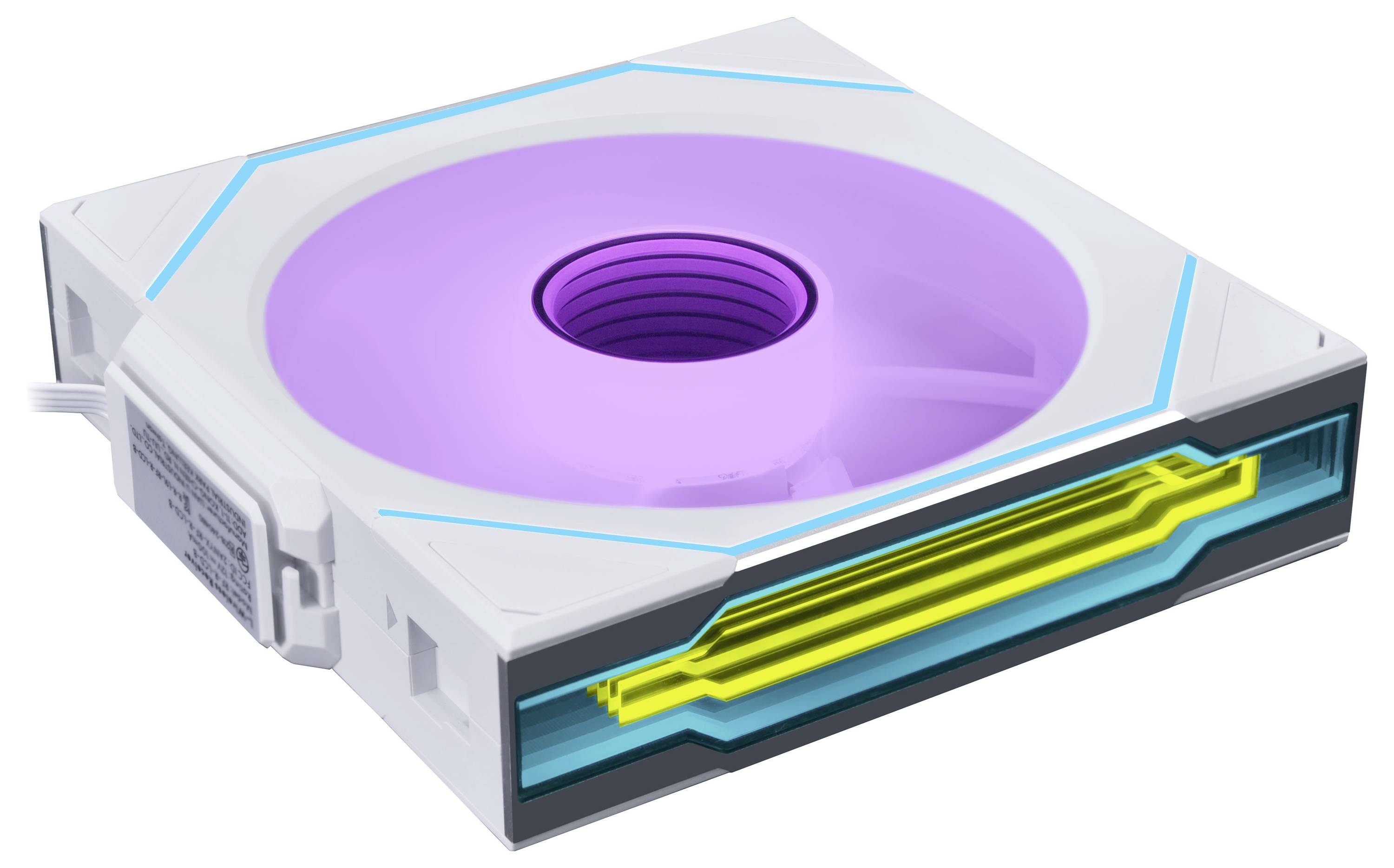 Ein futuristischer Kühlventilator mit einem violetten Leuchten, gelben Innenkomponenten und einem quadratischen weißen Rahmen, entwickelt für Computersysteme.
