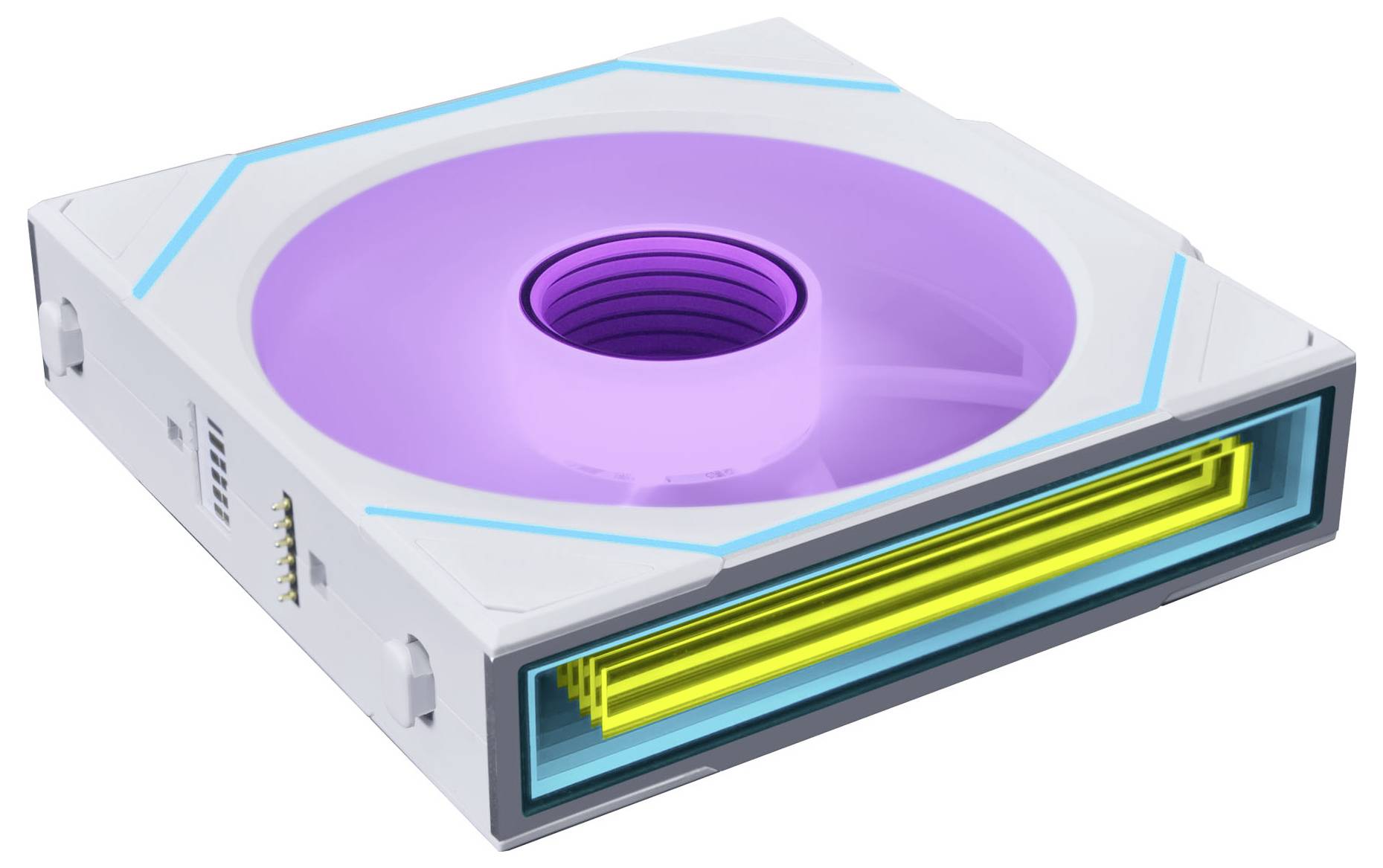 Quadratischer Computerlüfter mit einem violetten Innenring, neongelben Rotorblättern und blauen Akzenten, entwickelt für ein modernes PC-Setup.