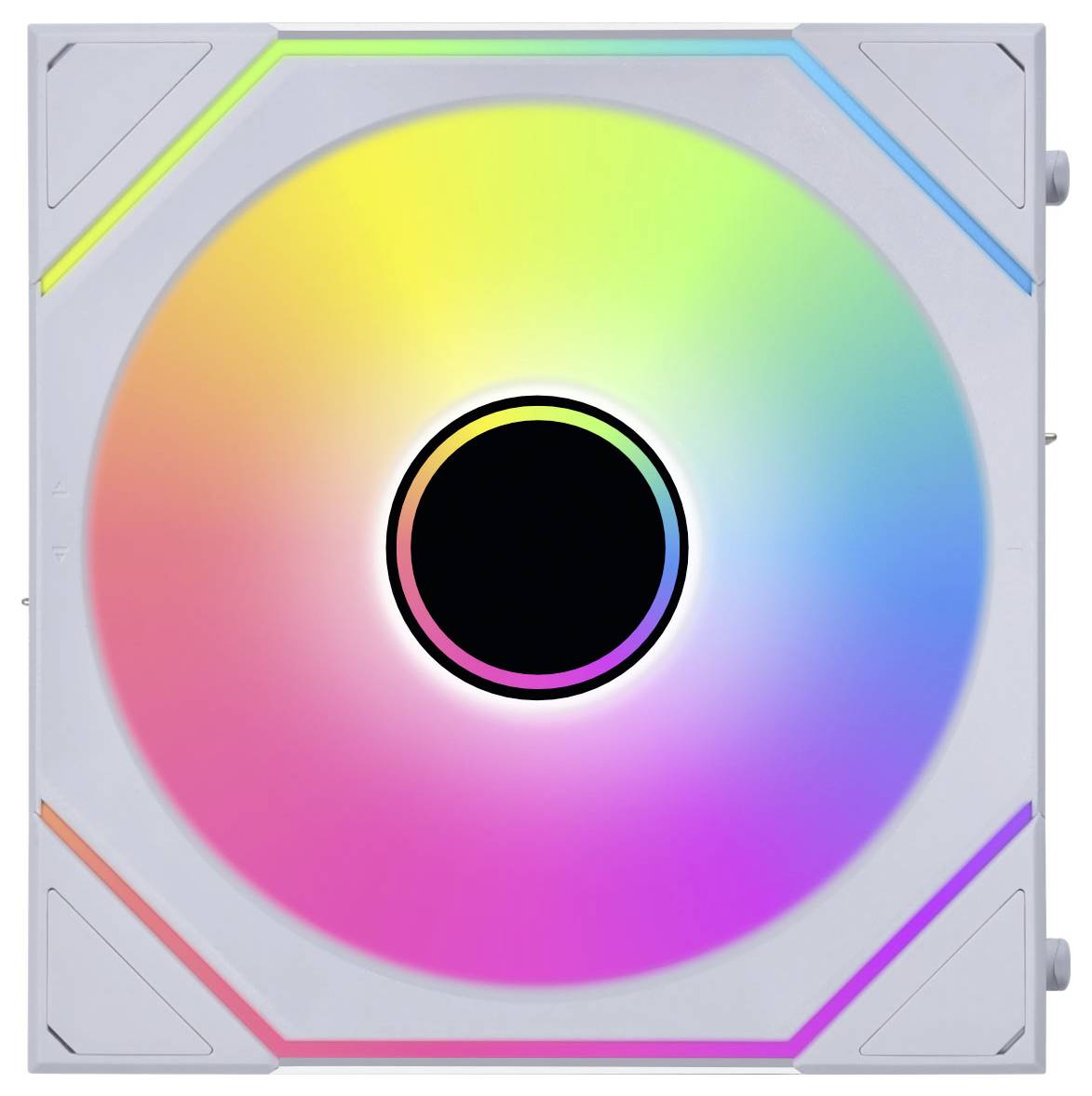 Ein großer, quadratischer Computerlüfter mit einem leuchtenden, mehrfarbigen LED-Ring, der einen Farbverlauf von Rot bis Blau in einem nahtlosen kreisförmigen Muster zeigt.