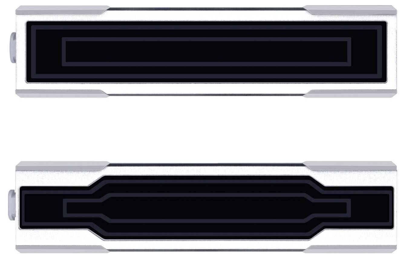 Zwei USB-Anschlüsse mit unterschiedlichen Designs, beide in einer Schwarz-Silber-Farbgebung. Der obere hat eine eher rechteckige Form, während der untere leicht geschwungen ist.