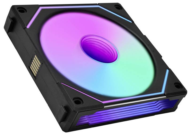 Ein Computergehäuselüfter mit lebendiger RGB-Beleuchtung in Nuancen von Rosa, Blau und Grün, eingebettet in einen schwarzen quadratischen Rahmen.