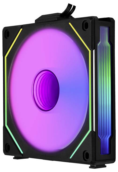 RGB-Computerlüfter mit lebhaften rosa und grünen Lichtern, umgeben von einem schwarzen Rahmen.
