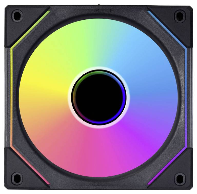 Ein Computerlüfter mit lebendiger RGB-Beleuchtung in einem Farbspektrum, der auf einem schwarzen quadratischen Rahmen montiert ist und zur Kühlung im Inneren von PC-Gehäusen verwendet wird.