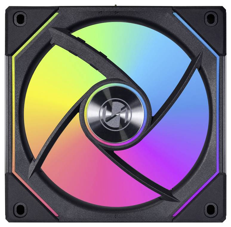 Ein Computerlüfter mit mehrfarbiger LED-Beleuchtung in einem Farbspektrum, in einem schwarzen Rahmen gehäust, der typischerweise zur Kühlung verwendet wird.