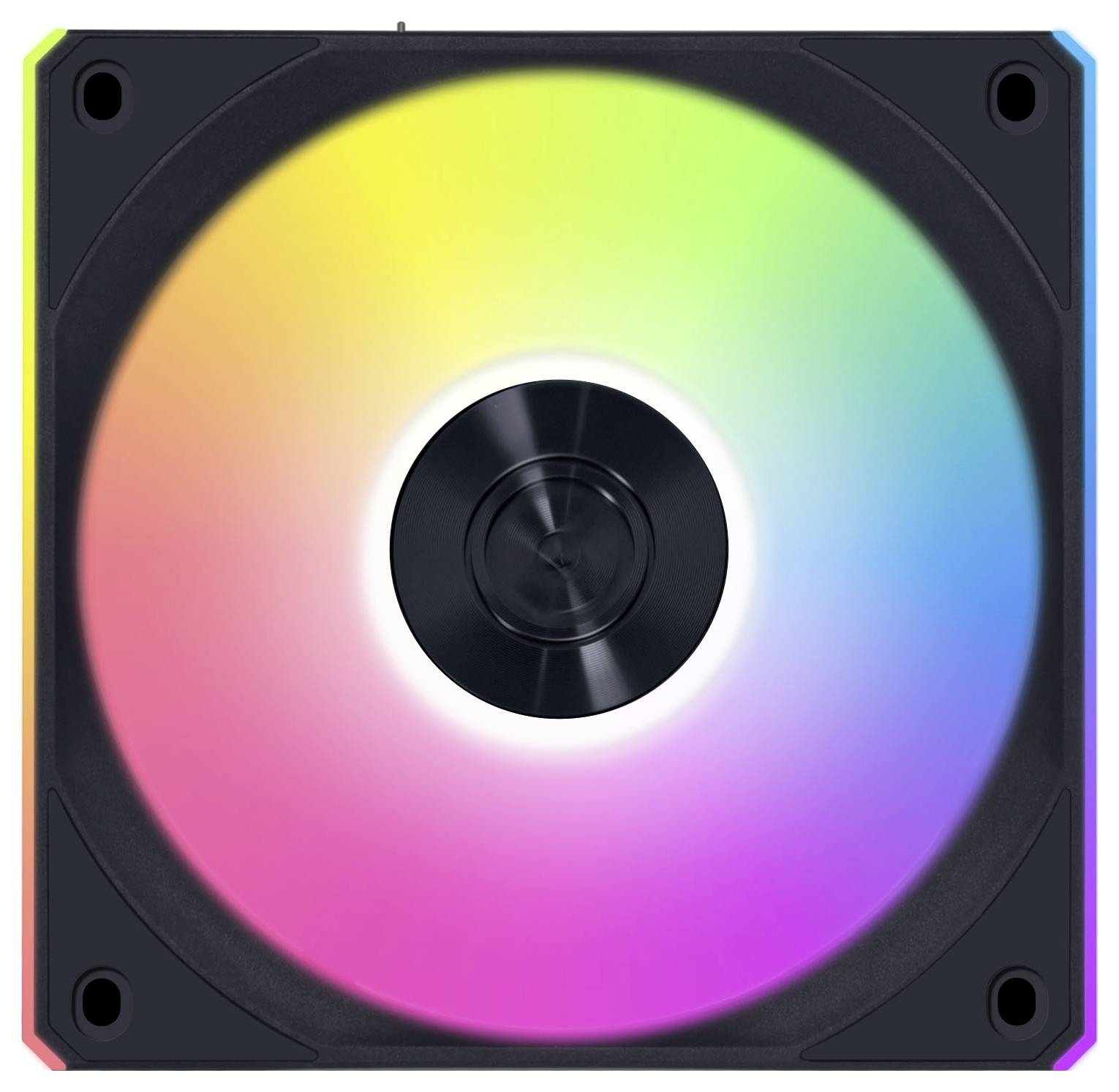 Ein Computerlüfter mit RGB-Beleuchtung zeigt ein lebendiges Farbspektrum, das Rot, Gelb, Grün, Blau und Violett um einen zentralen Mittelpunkt umfasst.