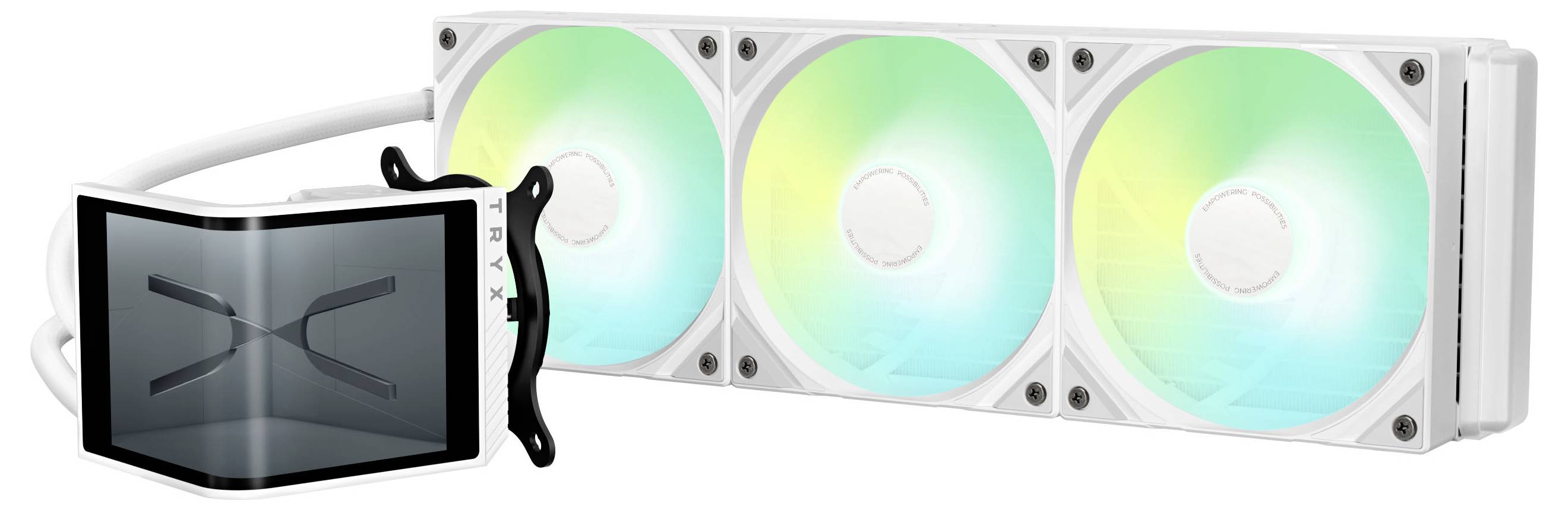 Ein Computer-Flüssigkühlsystem mit drei beleuchteten Lüftern und einem CPU-Block, konzipiert für effizientes Wärmemanagement.